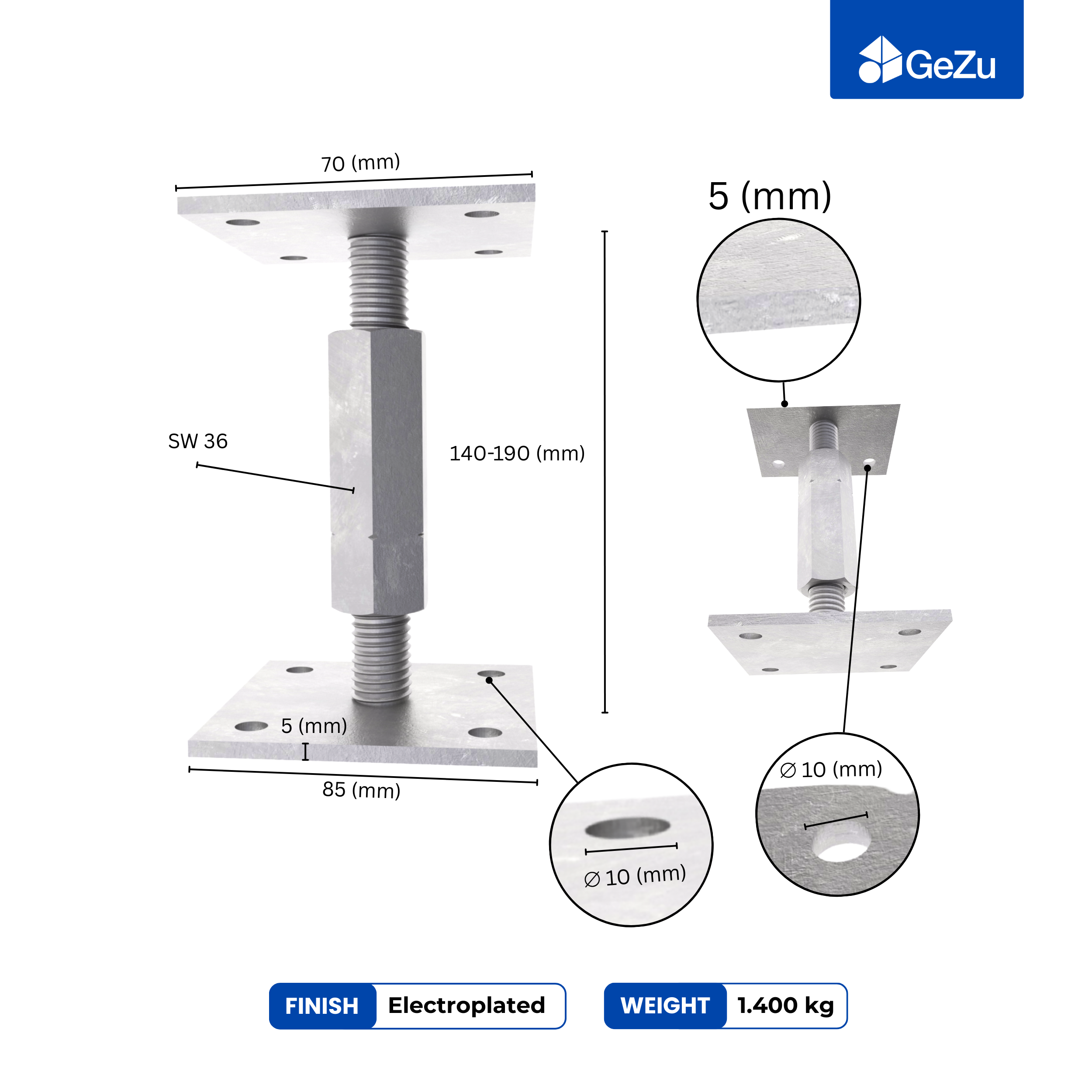 Support de poteau Galvanoplastie 70 x 70 mm | 140 - 190 mmhauteur reglable platine bois pied poteaux clôture GeZu Impex - 2