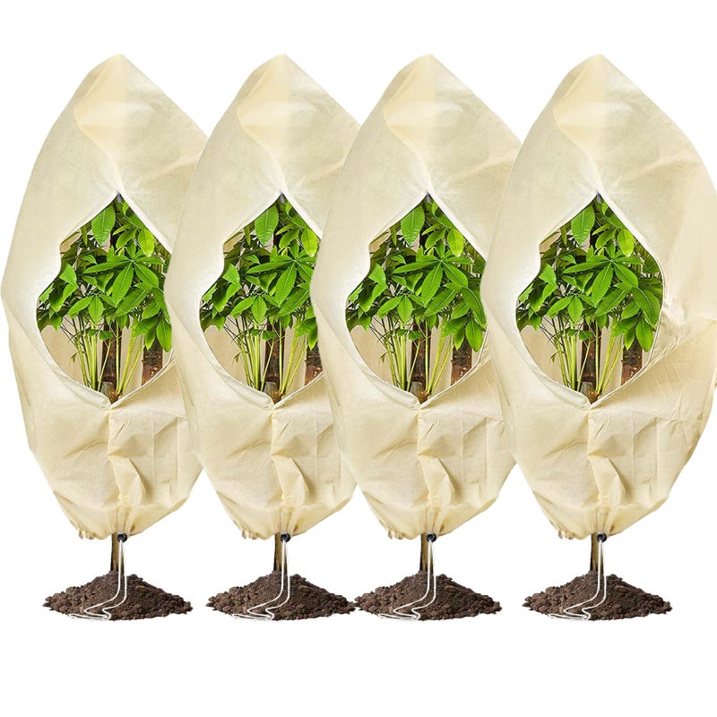 Zestaw 4 pokrowców ochronnych na rośliny, ochrona przed mrozem, pokrowiec przeciwmrozowy na rośliny ze sznurkiem i zamkiem błyskawicznym, 80 x 100 cm