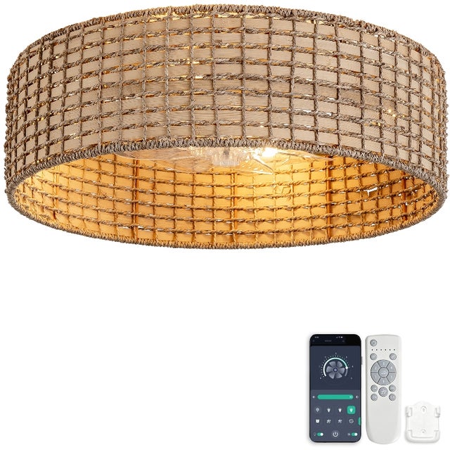 Ventilador de teto com luz, rattan entrançado, pás ABS, E26, App e controlo remoto, 6 velocidades, 48,3 cm, cobre