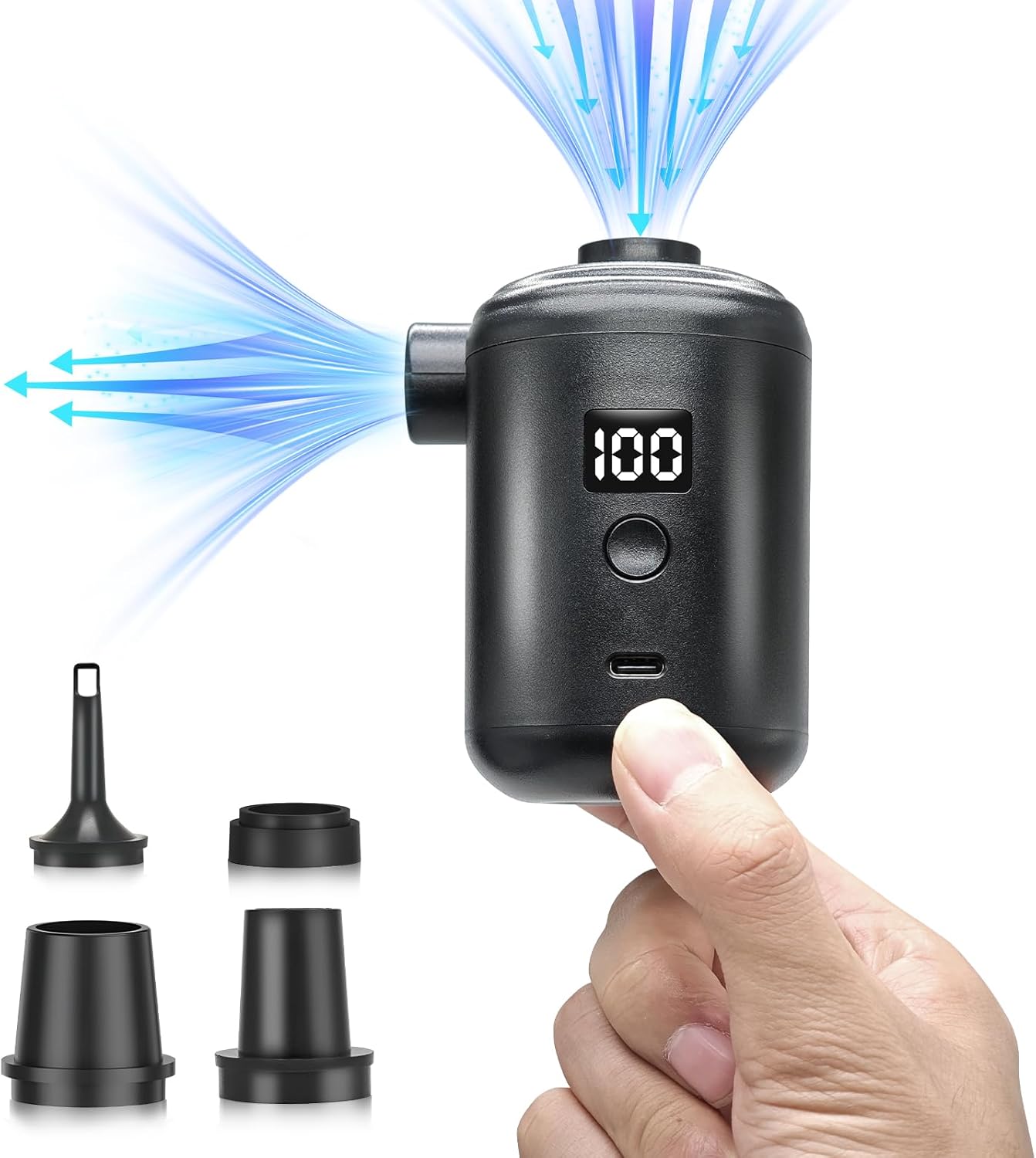 Elektryczna pompka powietrza, 3600 mAh, ładowalna pompka powietrza przez USB, miniaturowa pompka elektryczna, 280 l/min, z zestawem 4 dysz, cyfrowy