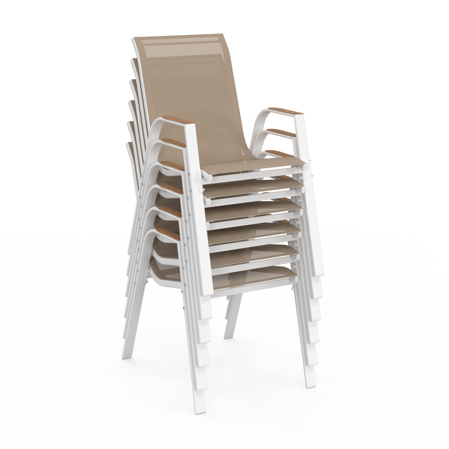 Salon de jardin NOUMEA table 190 cm plateau verre trempé effet bois et 8 chaises empilables blanc et bois - 4
