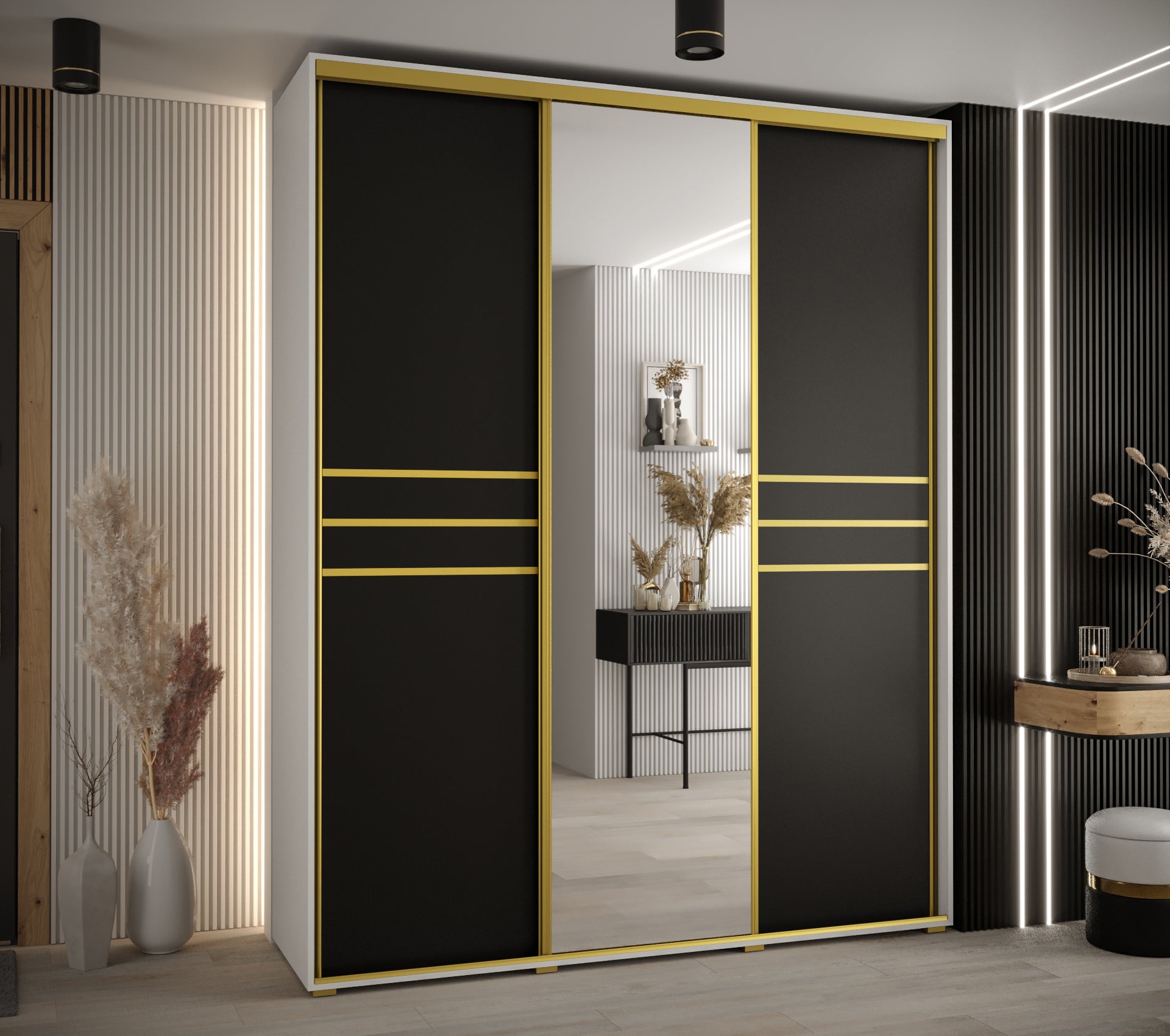 Szafa przesuwna z lustrem wysoka Davos 11 190 x 60 x 235,2 cm biały + czarny + u. złoty - Abiks Meble - 2