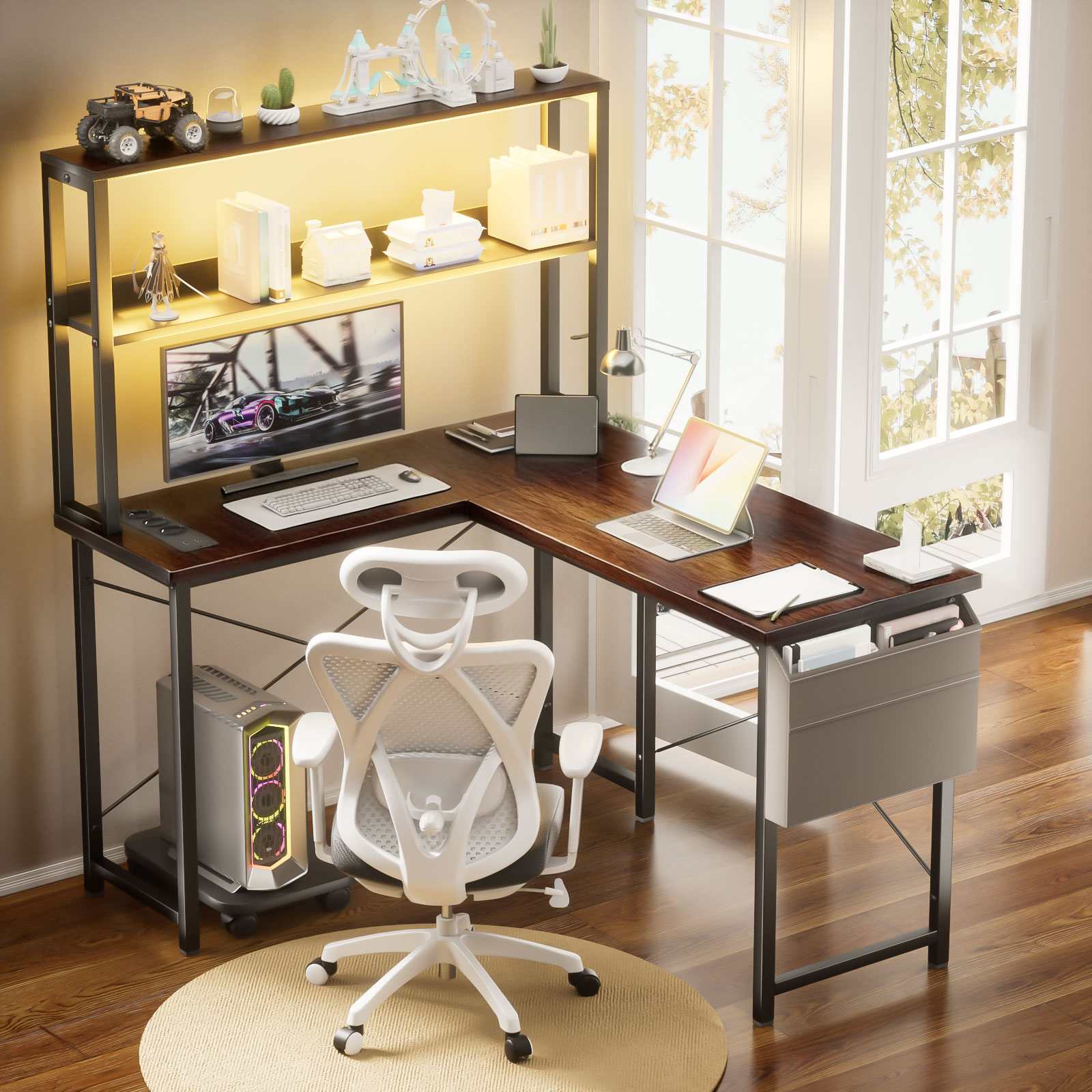 Bureau Gaming L-Forme 148cm avec LED, 3 Prises AC + 2 Ports USB, Étagères à Double Niveau, Réversible - 7