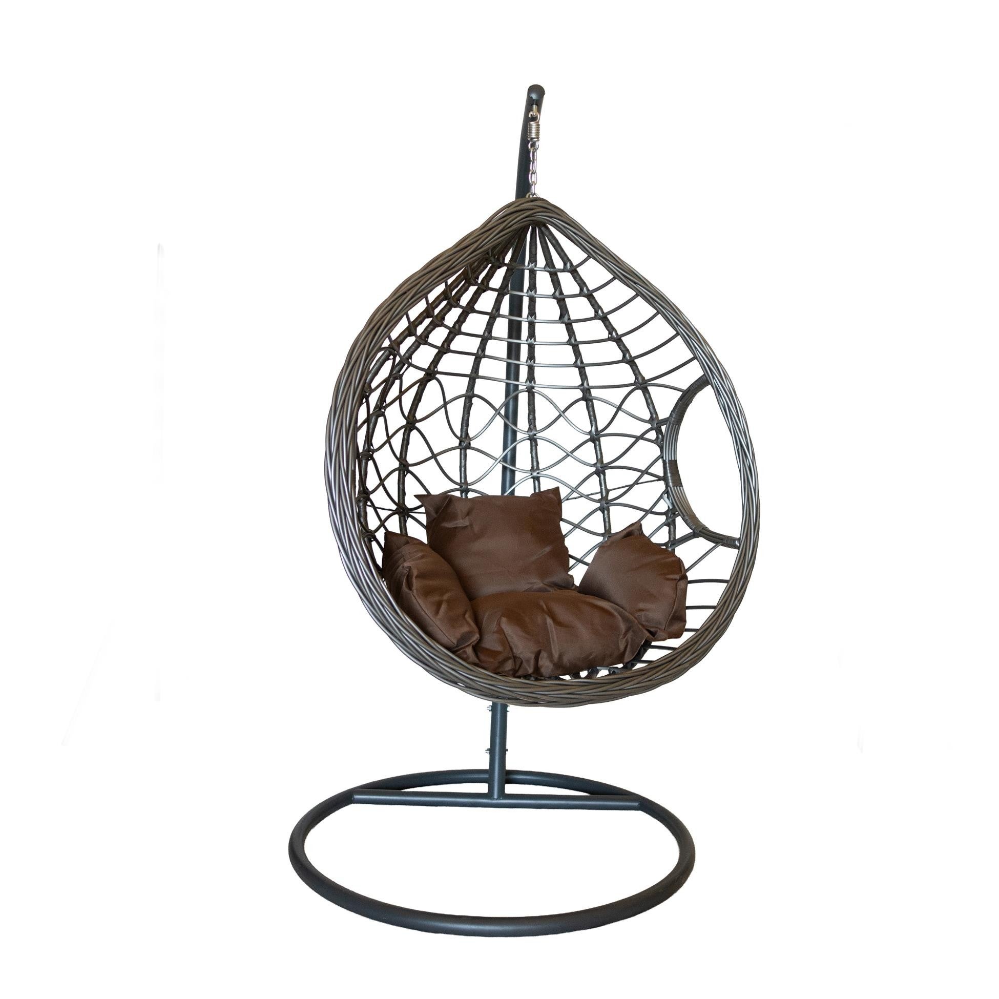 Wiszący fotel ogrodowy NEST – szary kokon z brązową poduszką
