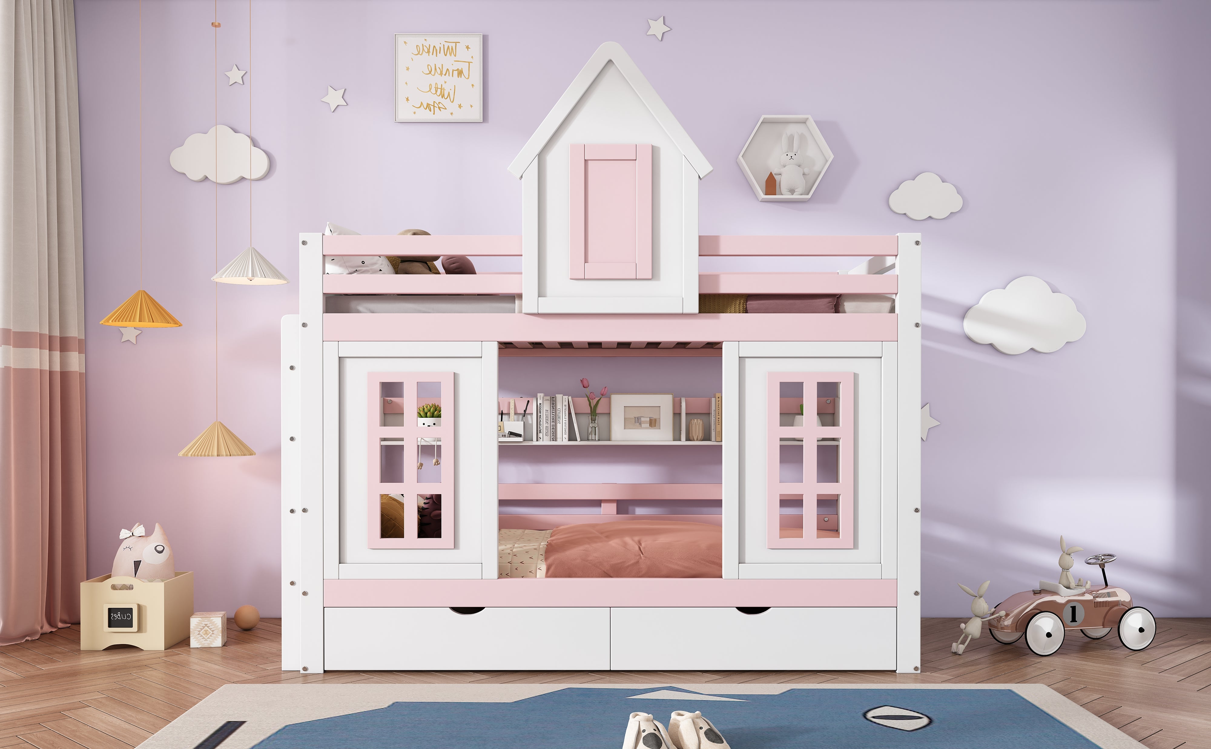 Letto a castello, letto per bambini con tetto e finestra, con sponda di sicurezza, due cassetti con rotelle, ripiano aperto, pino + MDF, bianco + rosa - 7