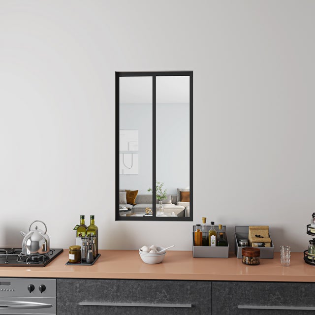 Verrière Atelier en aluminium noir mat L.63xH.108cm 2 carreaux transparents inclus, Verrière fixe kit de verrière et vitrage