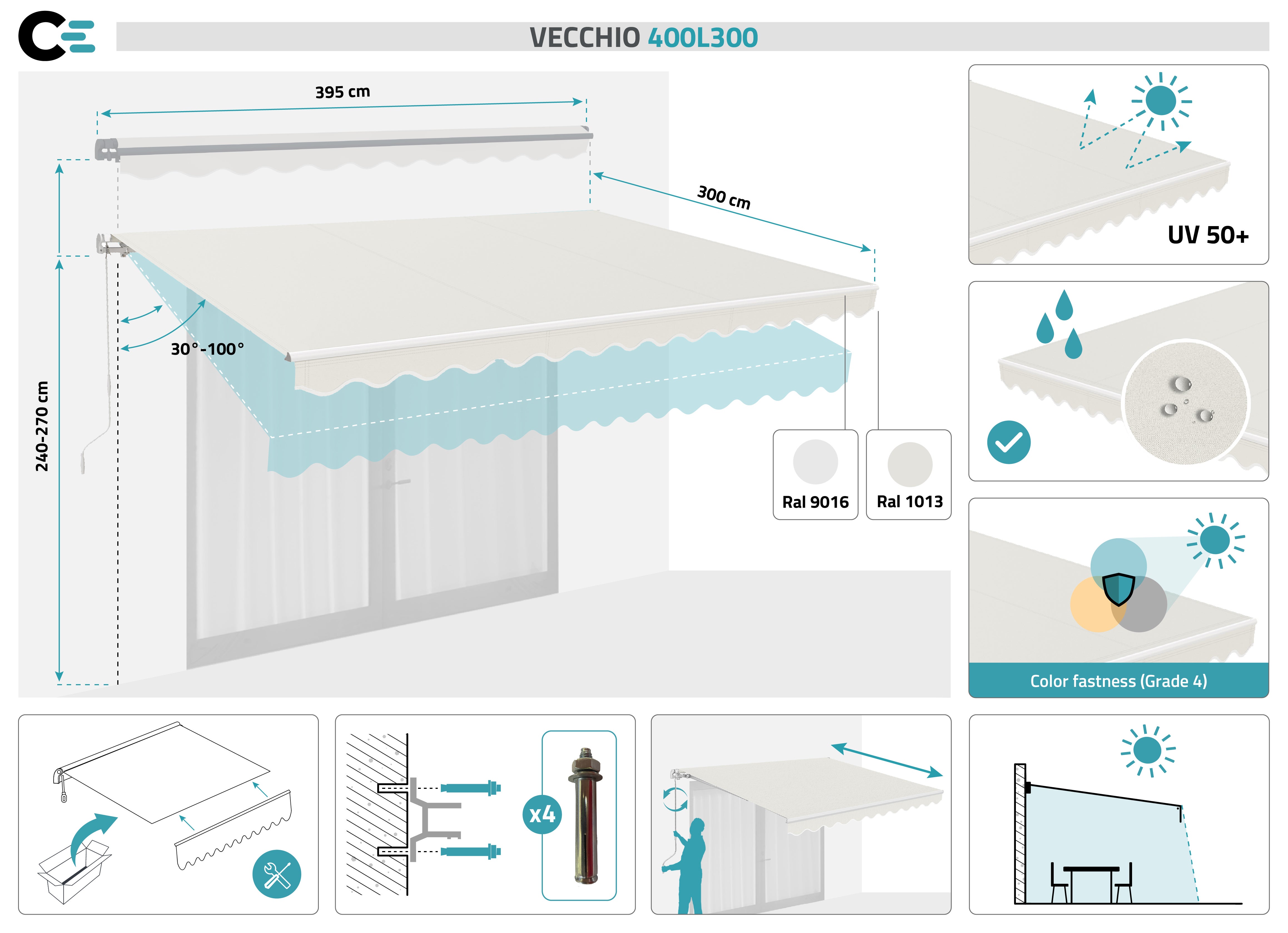 Store banne monobloc structure blanche VECCHIO 4m x 3m toile beige - 2