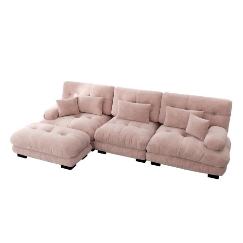 Canapé d'angle, canapé en U pour salon à 3 place avec pouf amovible, en tissu, rose - 7