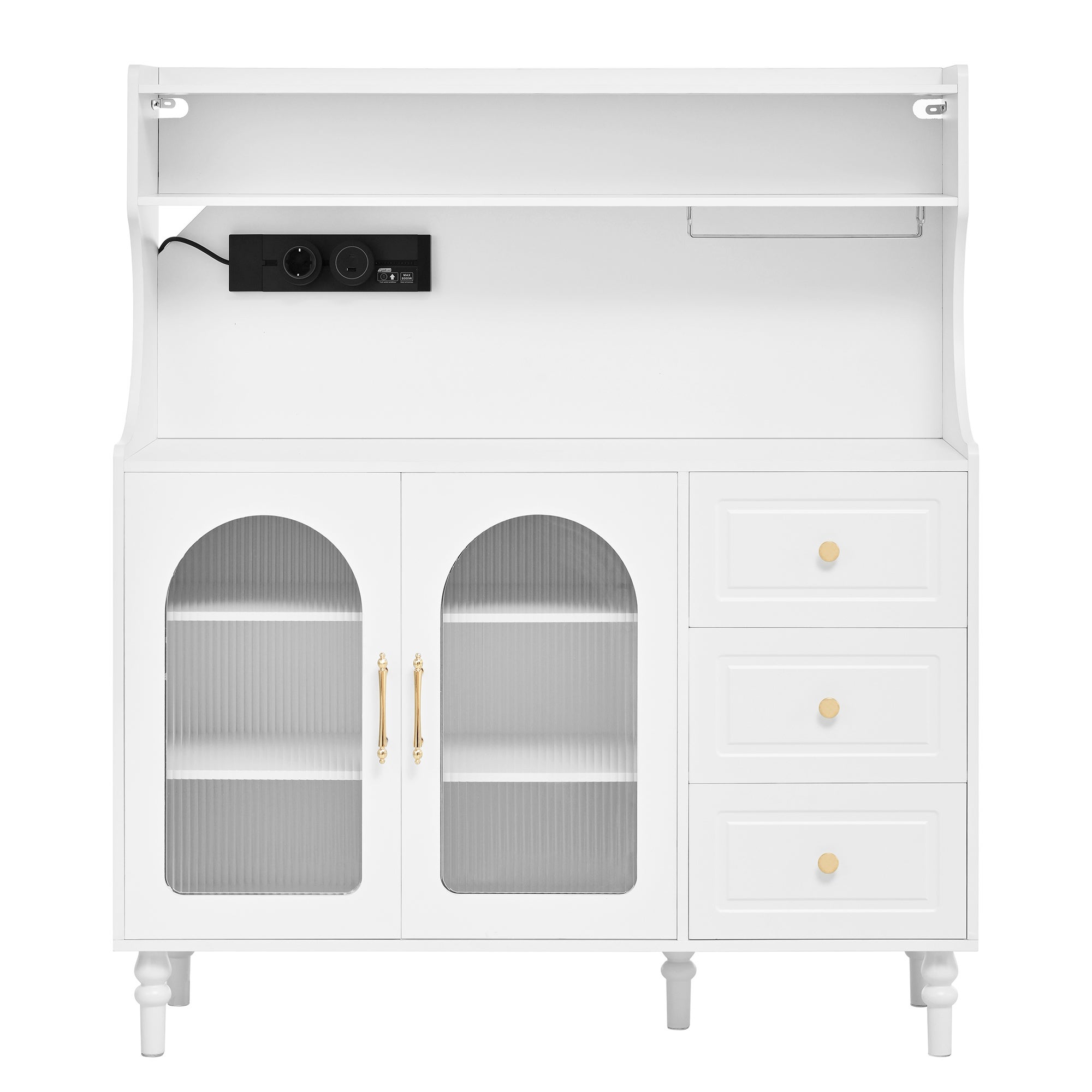 Kredens kuchenny z 2 szklanymi drzwiami, 3 szufladami i portem ładowania - 120 x 40 x 184 cm - Płyta MDF i płyta wiórowa - Regulowane półki - Biały - 7