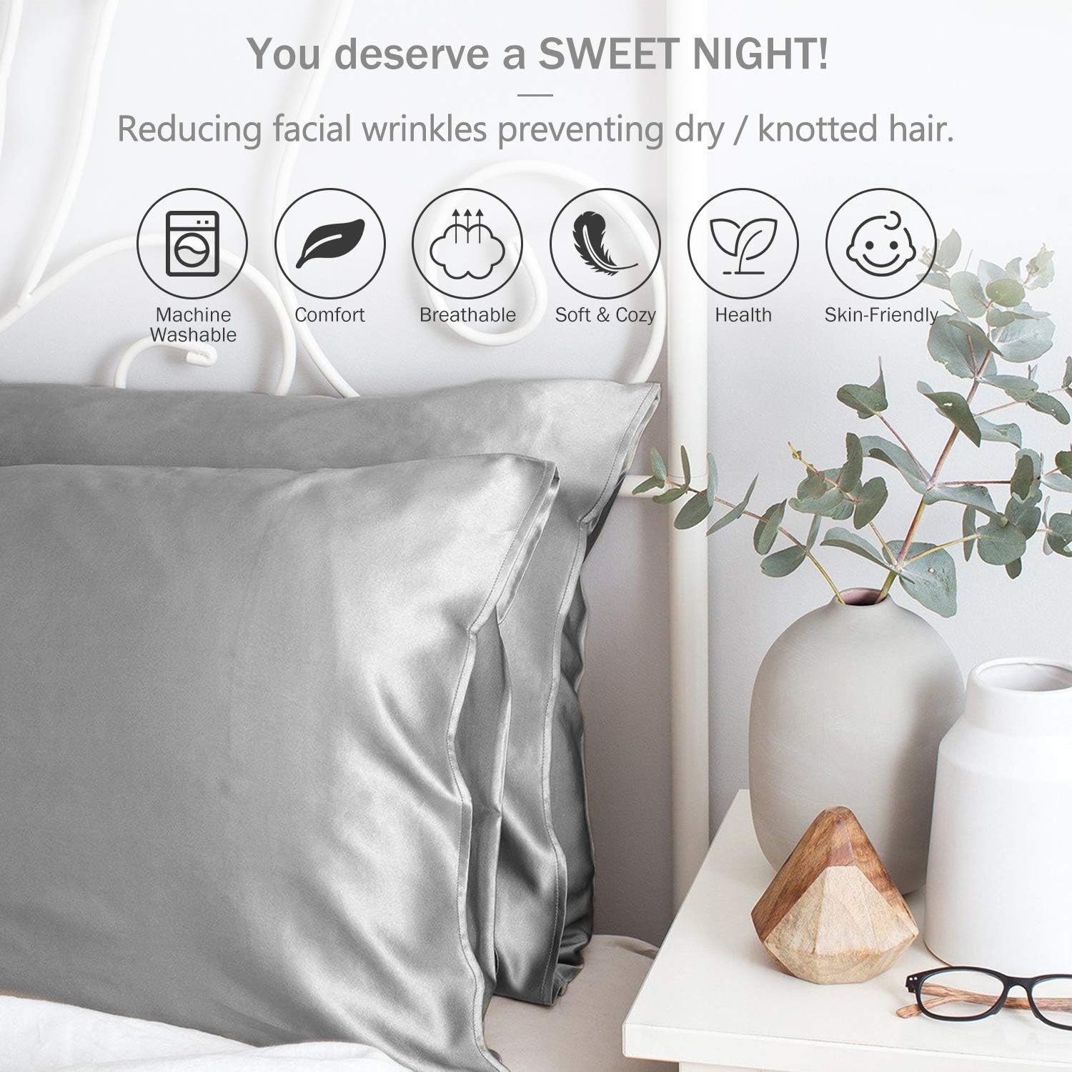 Lot de 2 taies d'oreiller en Satin, Microfibre Housse d'oreiller Doux Prend Soin de Votre Peau et Antichute de Cheveux,Gris, 50 x 76 cm - 2