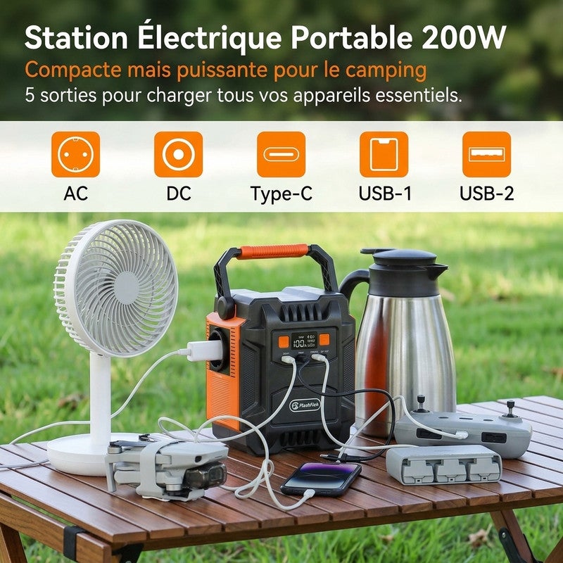FLASHFISH A201 Station Électrique Portable 200W - Batterie Solaire 172,8Wh 48000mAh - AC 230V USB-C DC 12V - 2