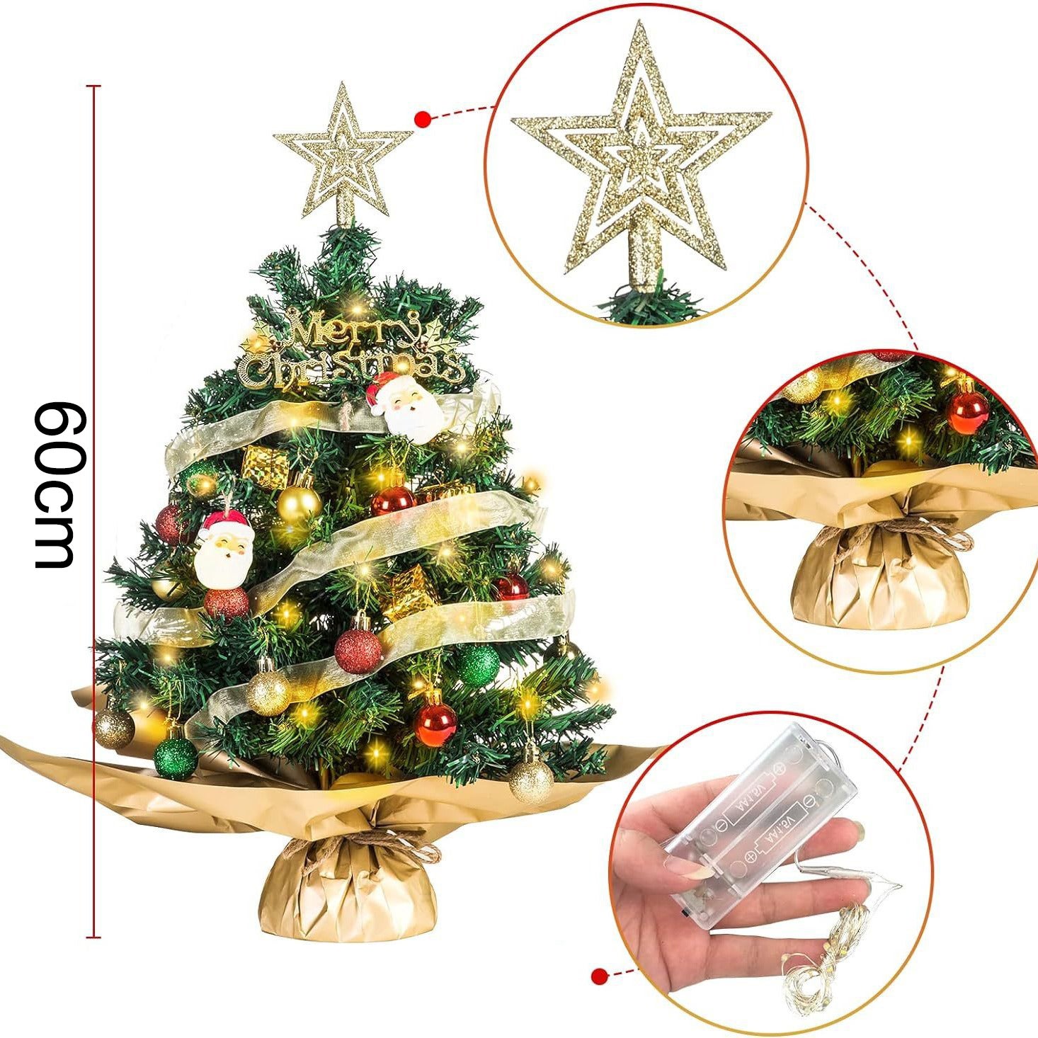 Sapin de Noël artificiel de 60 cm avec lumières LED, petit sapin de Noël de table avec ornements suspendus, décorations de Noël - 3