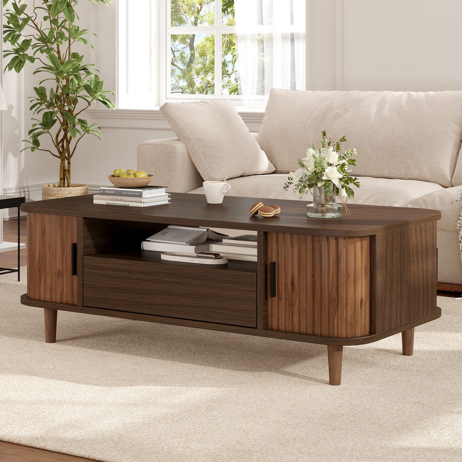 Charging Structure Table basse finition noyer 100x50x35 cm, 1 tiroir, 2 portes à lamelles ...