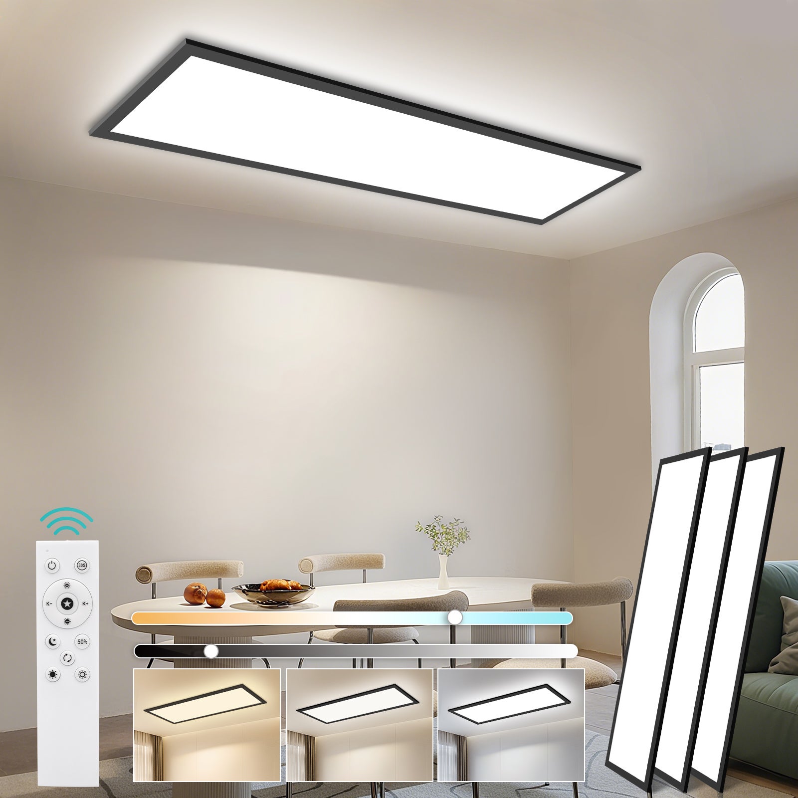 LOVHAUS 3PCS Lampa Sufitowa LED 30W Czarna, Panel LED Prostokątny 100x25 cm, Nowoczesna Lampa Sufitowa Ściemniająca z Pilotem do Biura Kuchni