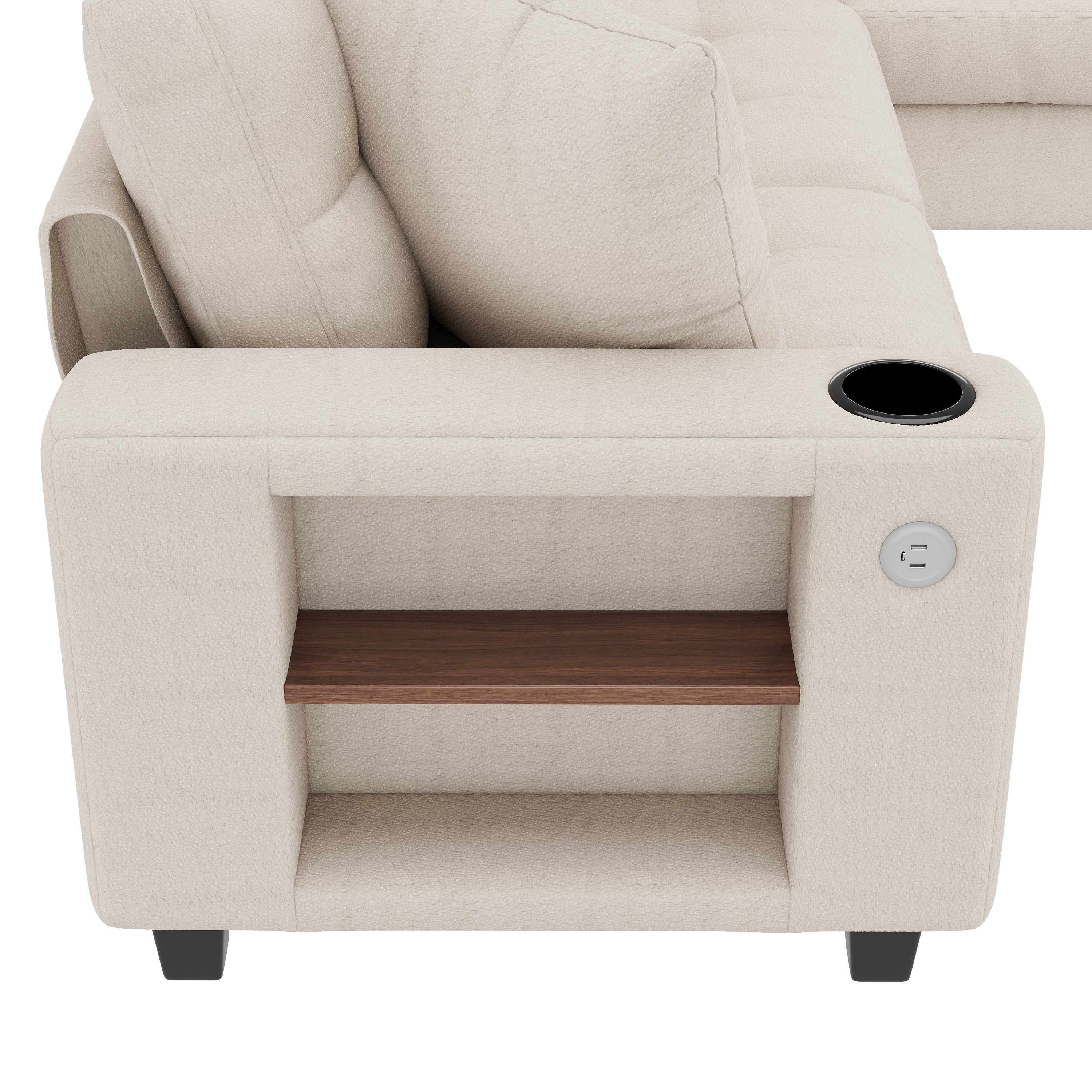 Canapé d'Angle XXL Modulaire en U, 6 Places en Chenille avec Accoudoirs Bibliothèque, Pouf Amovible, Porte-Gobelets et Ports USB/USB-C Intégrés, Beige - 9