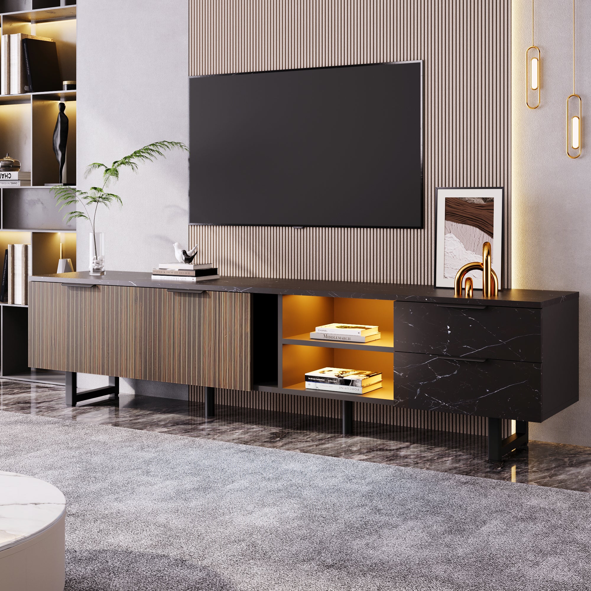 Mobile TV con 2 ante, 2 cassetti e 2 nicchie - 200 x 38 x 50 cm - LED - Legno MDF - Nero + legno - 9