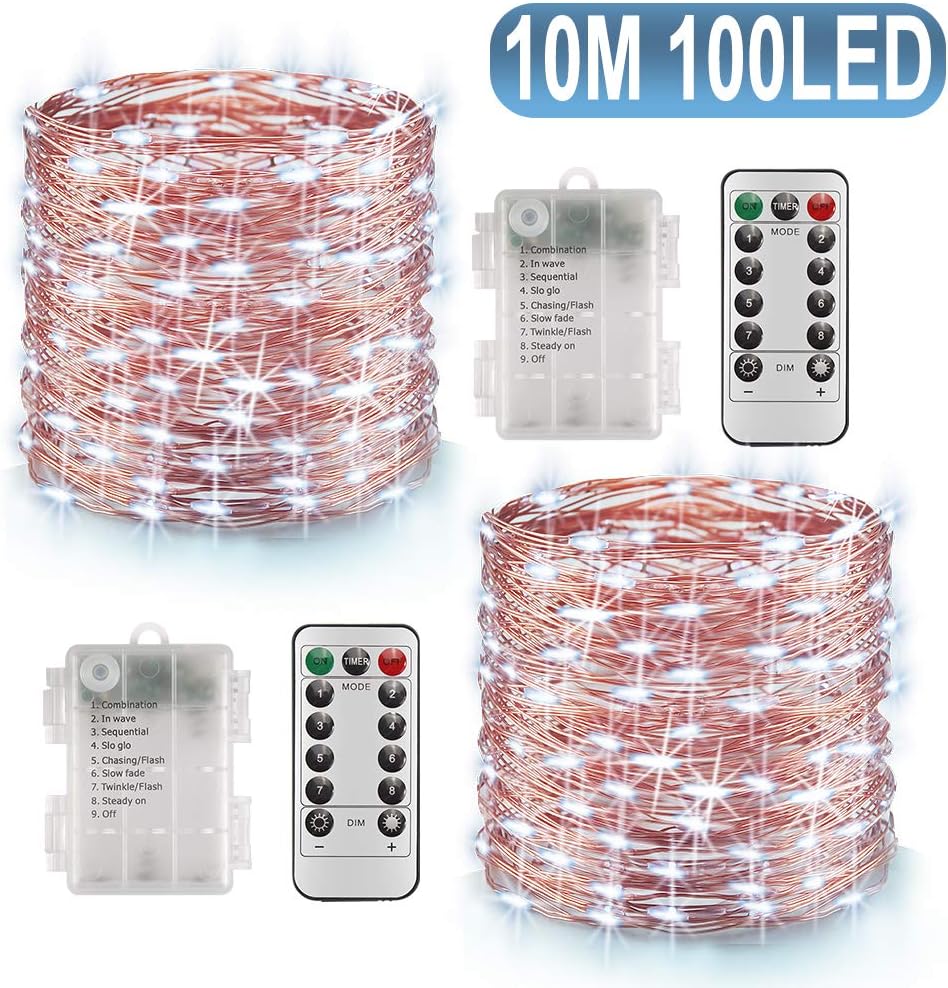 2x10m Girlanda LED na Baterie 100 LED Funkcja Timera z Pilotem IP65 Wodoodporna Dekoracja Wewnętrzna i Zewnętrzna - Zimna Biel