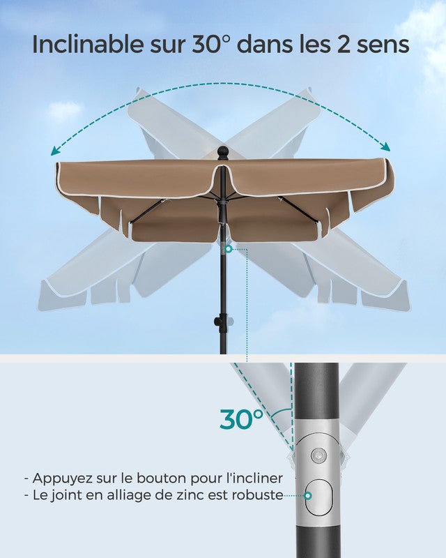 Parasol 200 x 125 cm, Protection Solaire UPF 50+, Inclinable sur 30° dans les 2 sens, Hauteur Réglable, avec Sac de Transport, Marron Noisette - 3