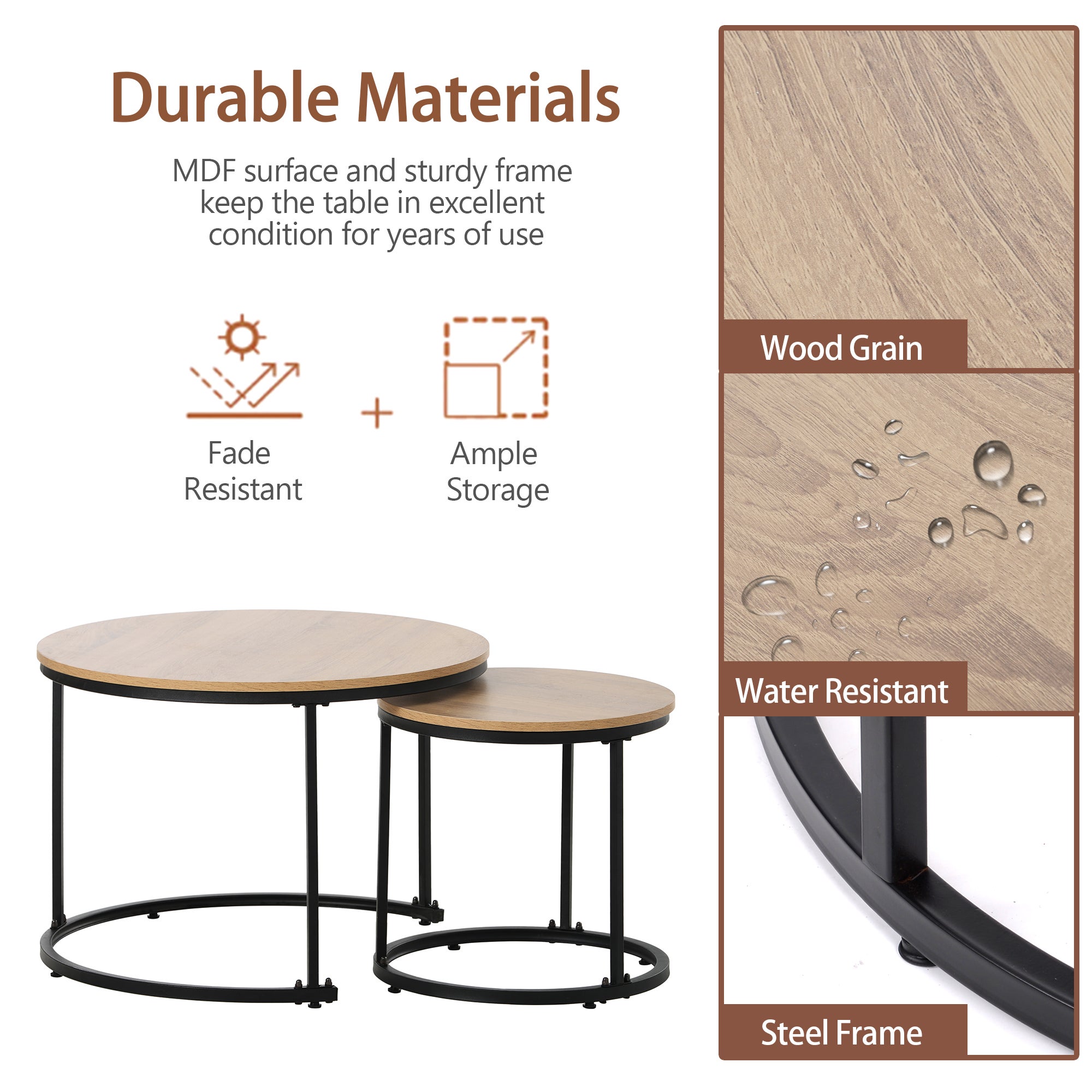 Lot de 2 tables basses gigognes, table d'appoint - bois MDF et pièds en métal - coloris chêne - 9