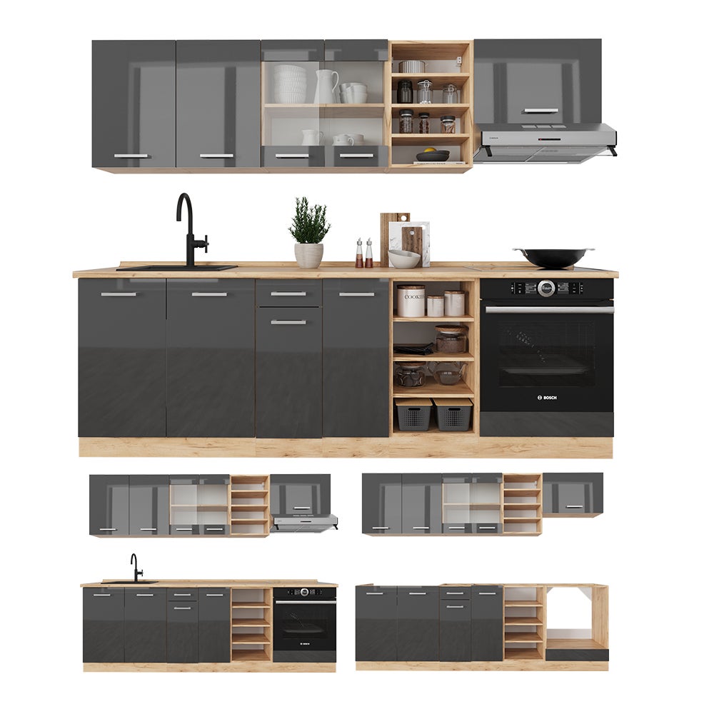 Cuisine Intégrée Vicco – Bloc Raul 240cm – Couleur Anthracite Et Chêne – Moderne Et Fonctionnelle