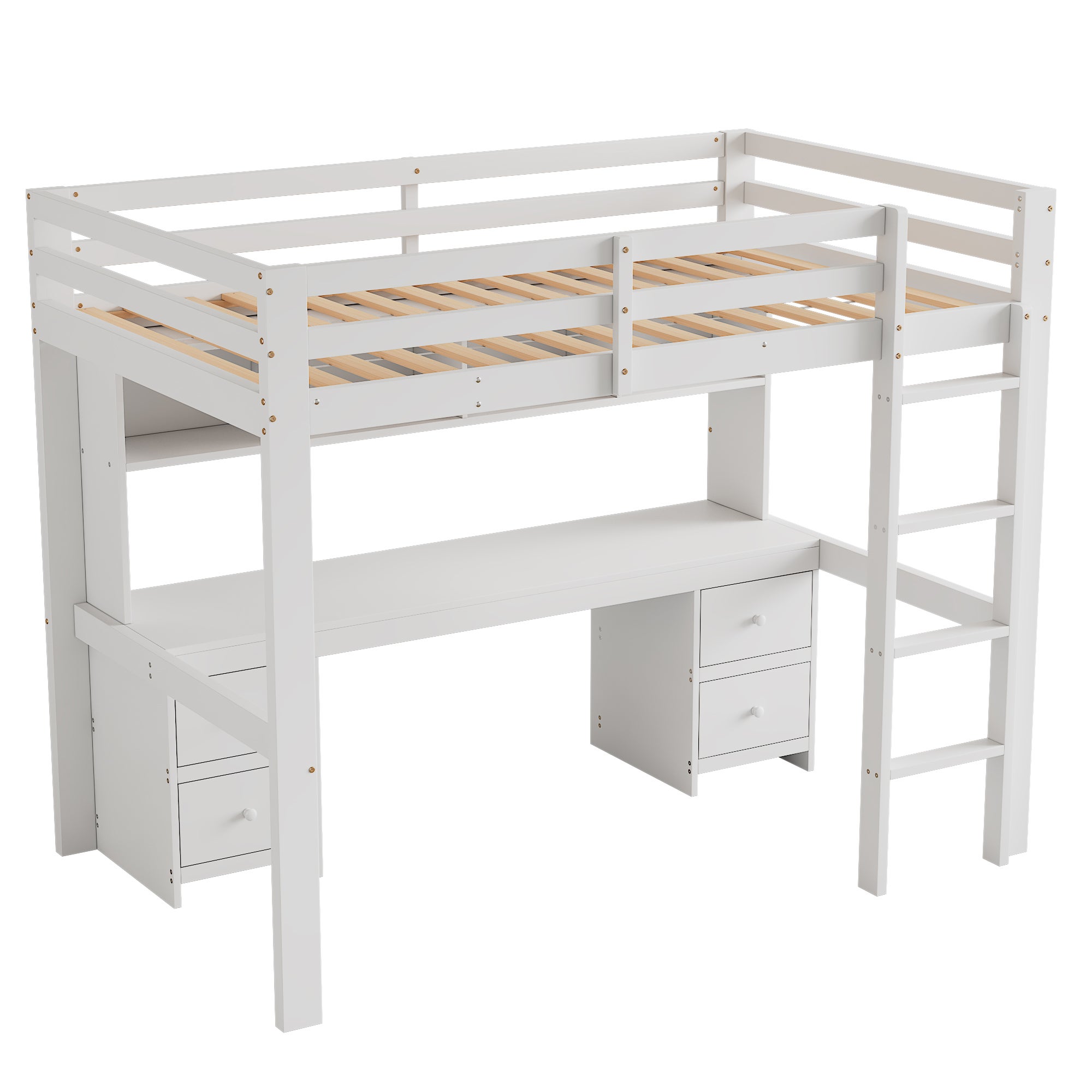 Lit mezzanine 90 x 200 cm avec table, Lit Superposé en bois avec grand espace de rangement, lit en pin avec rampe haute, blanc (sans matelas) - 5