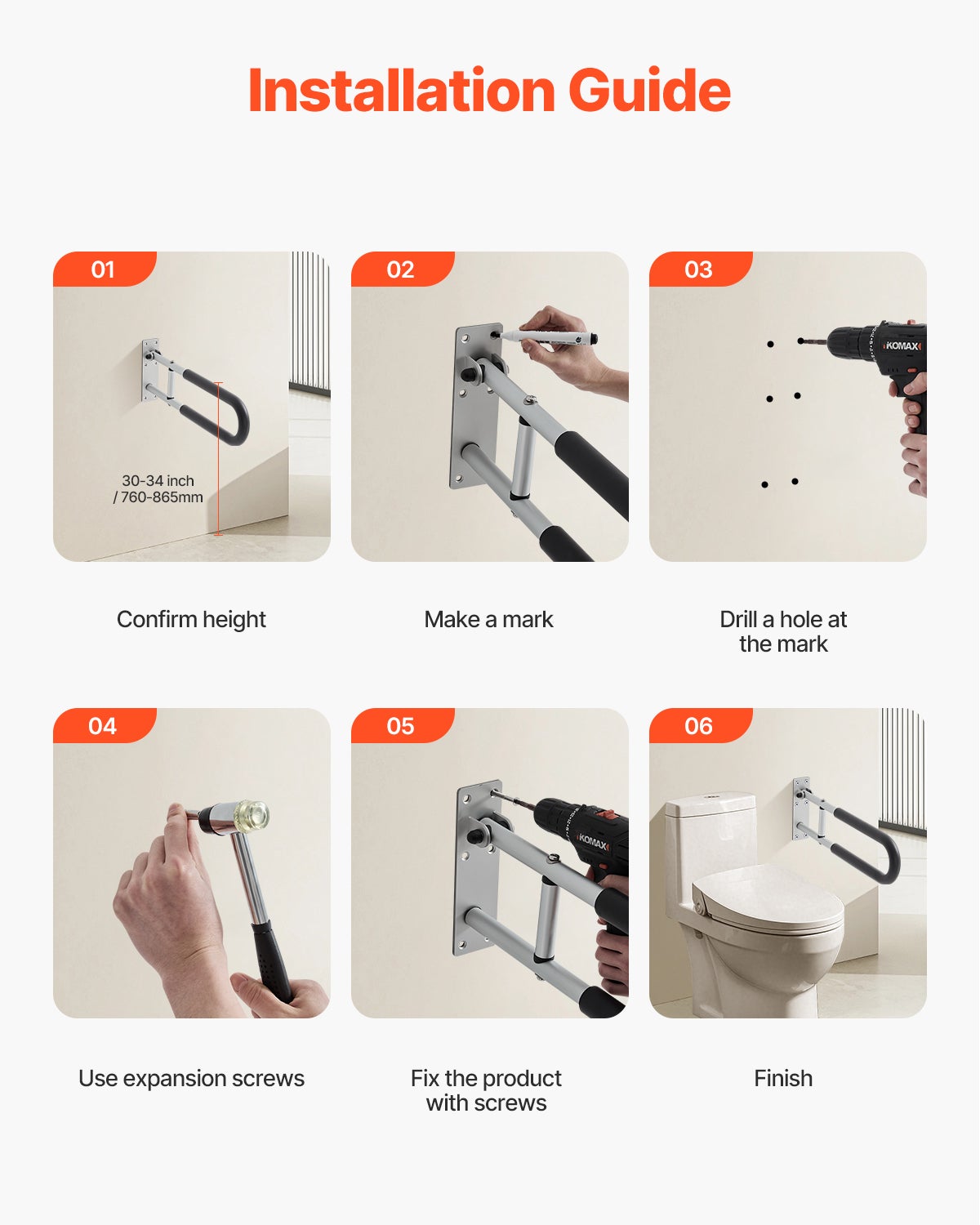 Barra di Supporto WC 605 mm,VEVOR Barra Pieghevole a U,Manico Antiscivolo,Capacità di Carico 136 kg,per Disabili,Anziani,Donne Incinte - 4