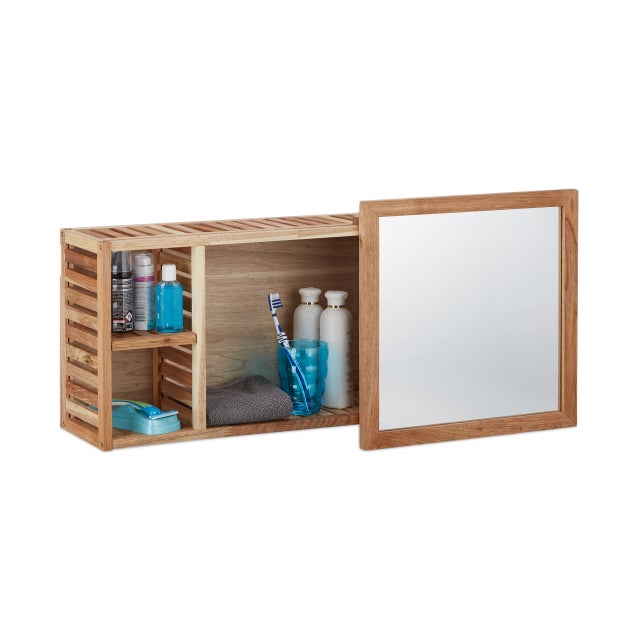 Relaxdays Etagère murale avec miroir coulissant salle de bain armoire bois de noyer huilé side board 80 cm de largeur, nature
