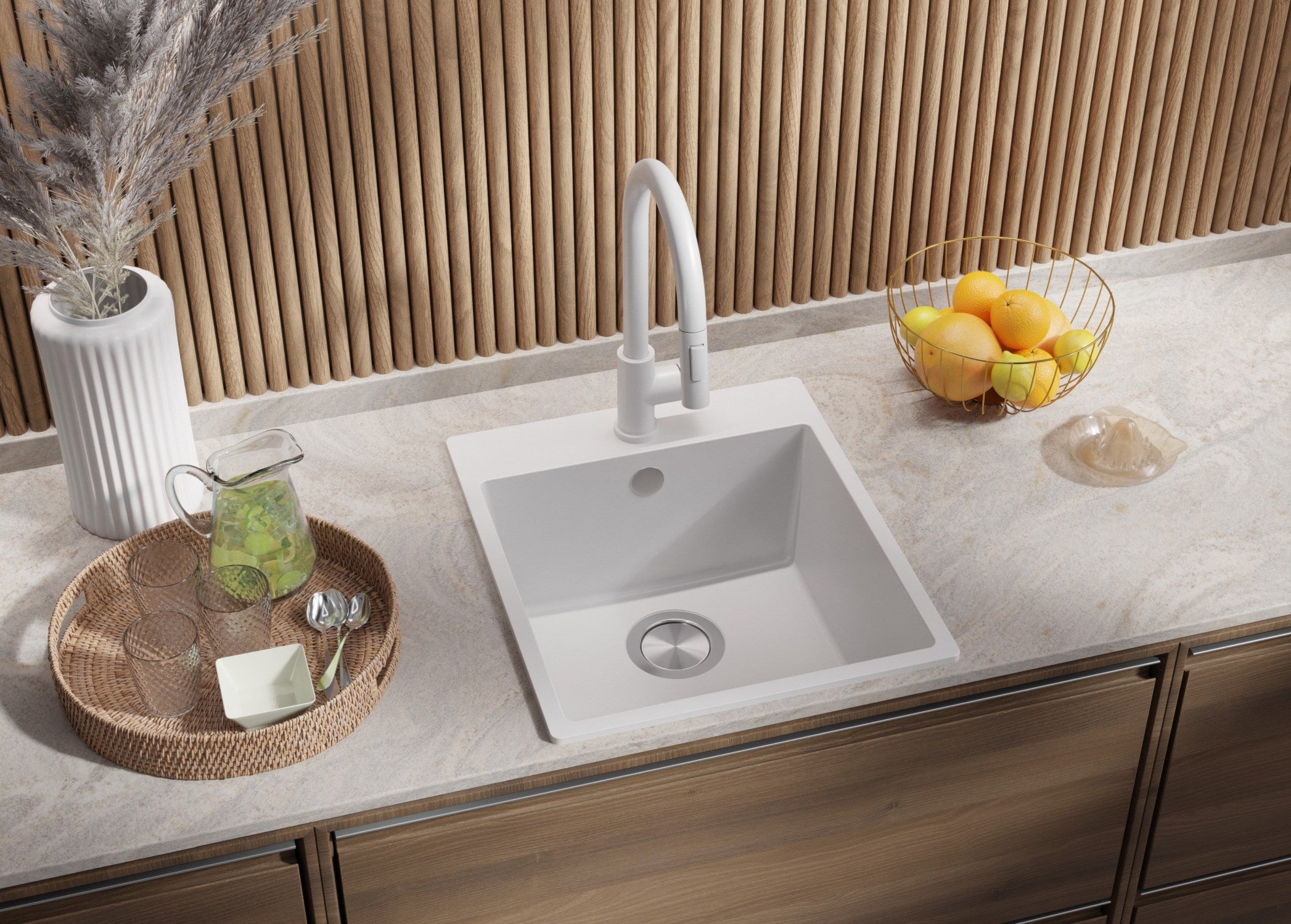 Lavello da Cucina Bianco 43x50cm, Lavandino in Granito a 1 vasca + Sifone Classico, Lavabo da Cucina Incasso al mobile 45cm - Riga PRIMAGRAN - 2