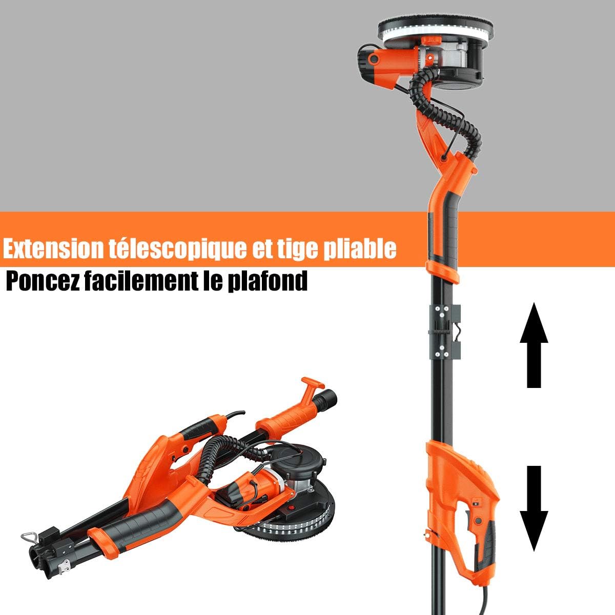 Ponceuse Girafe Murale 750W pour Mur et Plafond, 12 Disques Abrasifs Ø225MM, 6 Vitesses à 1500RPM, 80 Lumières LED, Manche Télescopique - 7