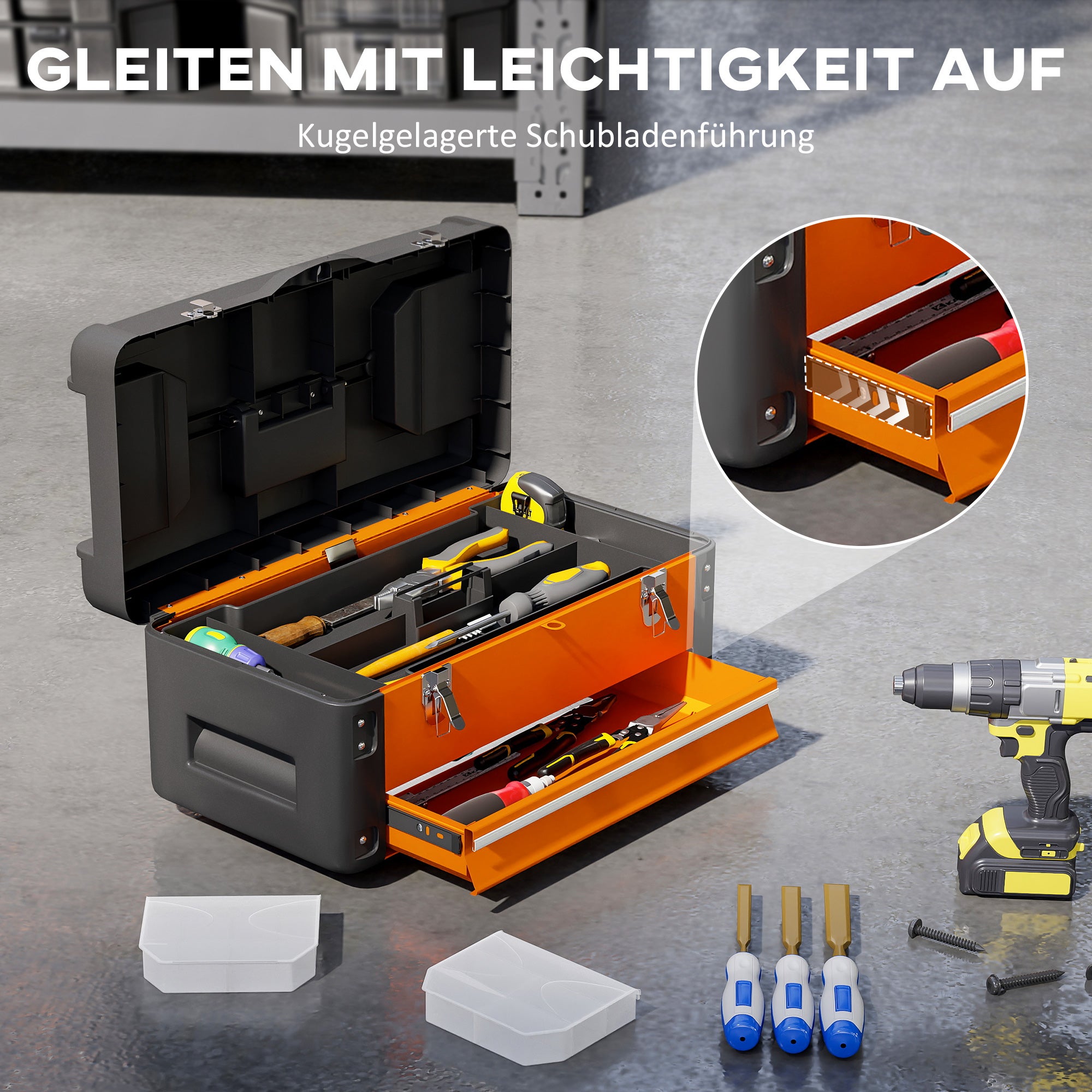 Cassetta degli attrezzi vuota, 49,7 x 25,3 x 23 cm, cassetta degli attrezzi con cassetto, mini scatola, acciaio, arancione - 7