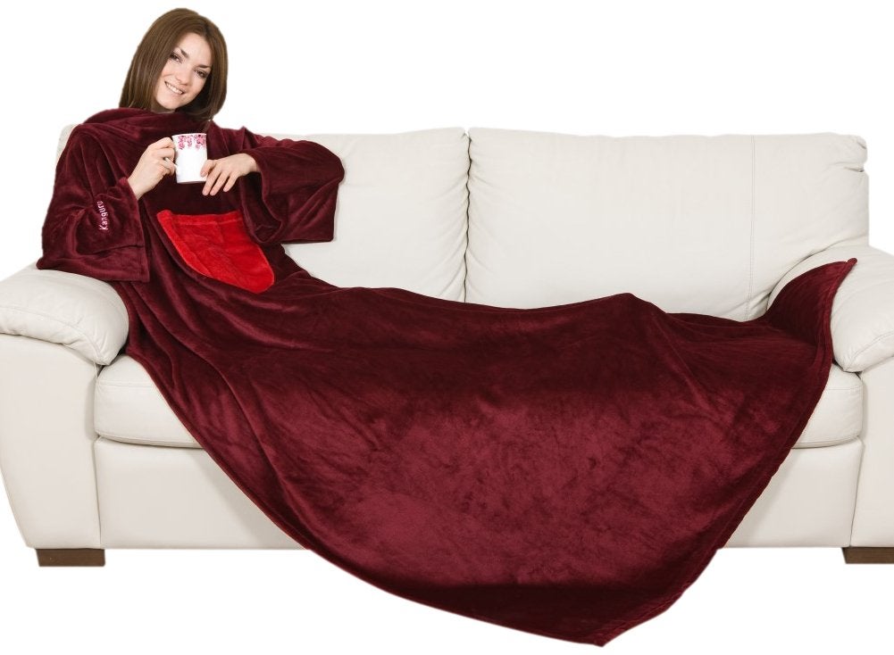 Coperta maniche bordeaux, soffice plaid maniche, coperta con maniche, coperta in pile, microfibra, con tasca centrale, singolo, 180x140cm, pile donna,