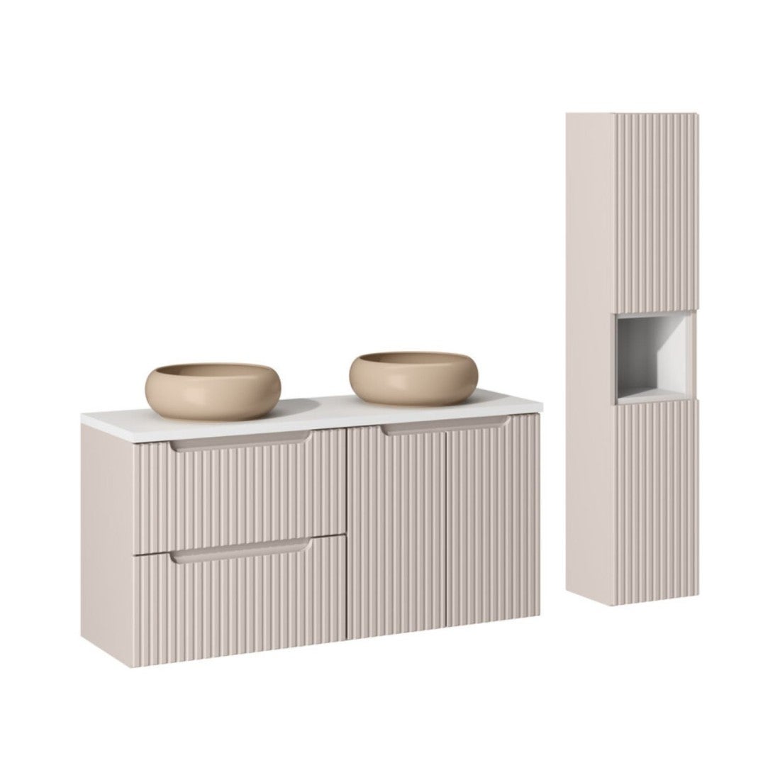 Conjunto vano cachemira y blanco 150cm: muebles bajo lavabo con cajones y armarios + lavabos sobre encimera marrón capuchino + columna