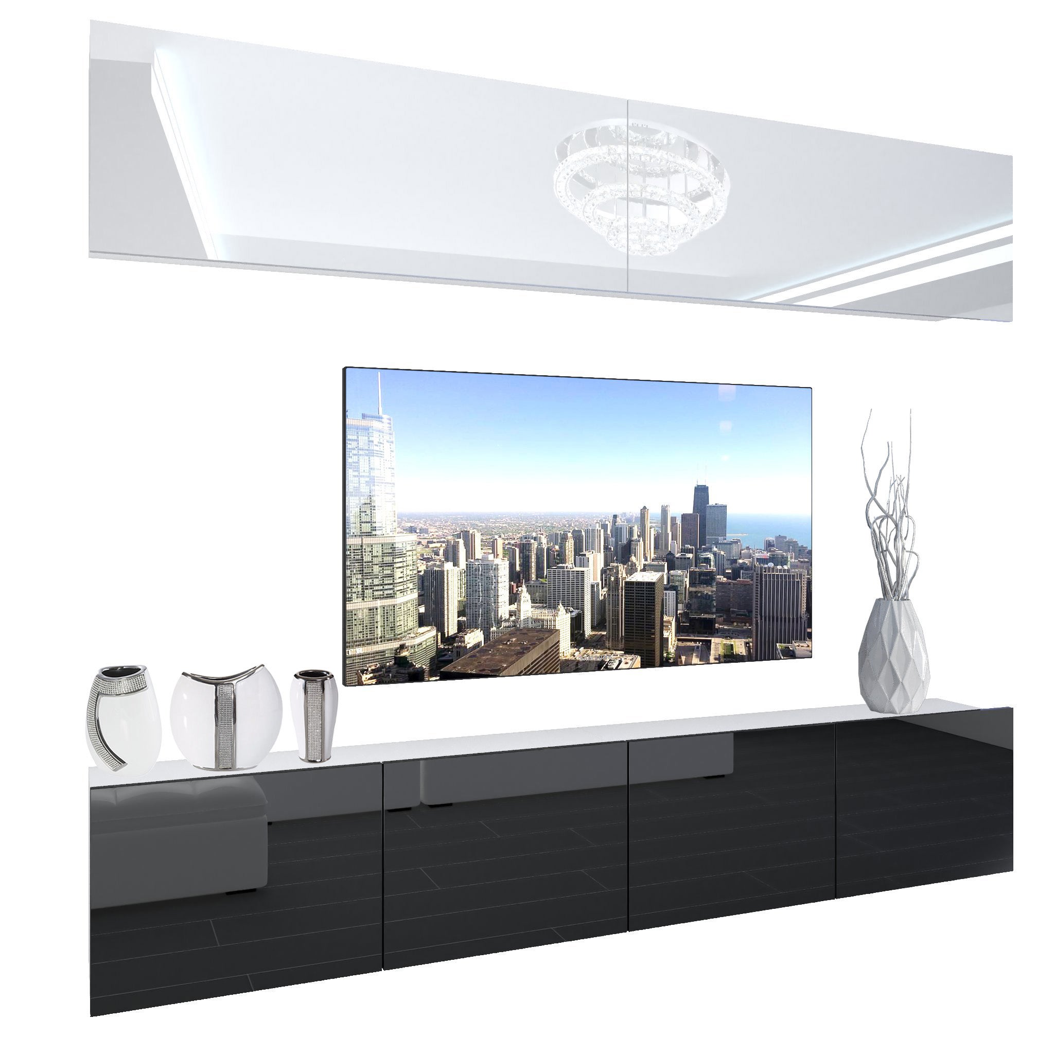 Meuble TV Mural BELINI NEX I - 300x180x36 Cm, Blanc Brillant, éclairage LED RGB, Finition PRO+