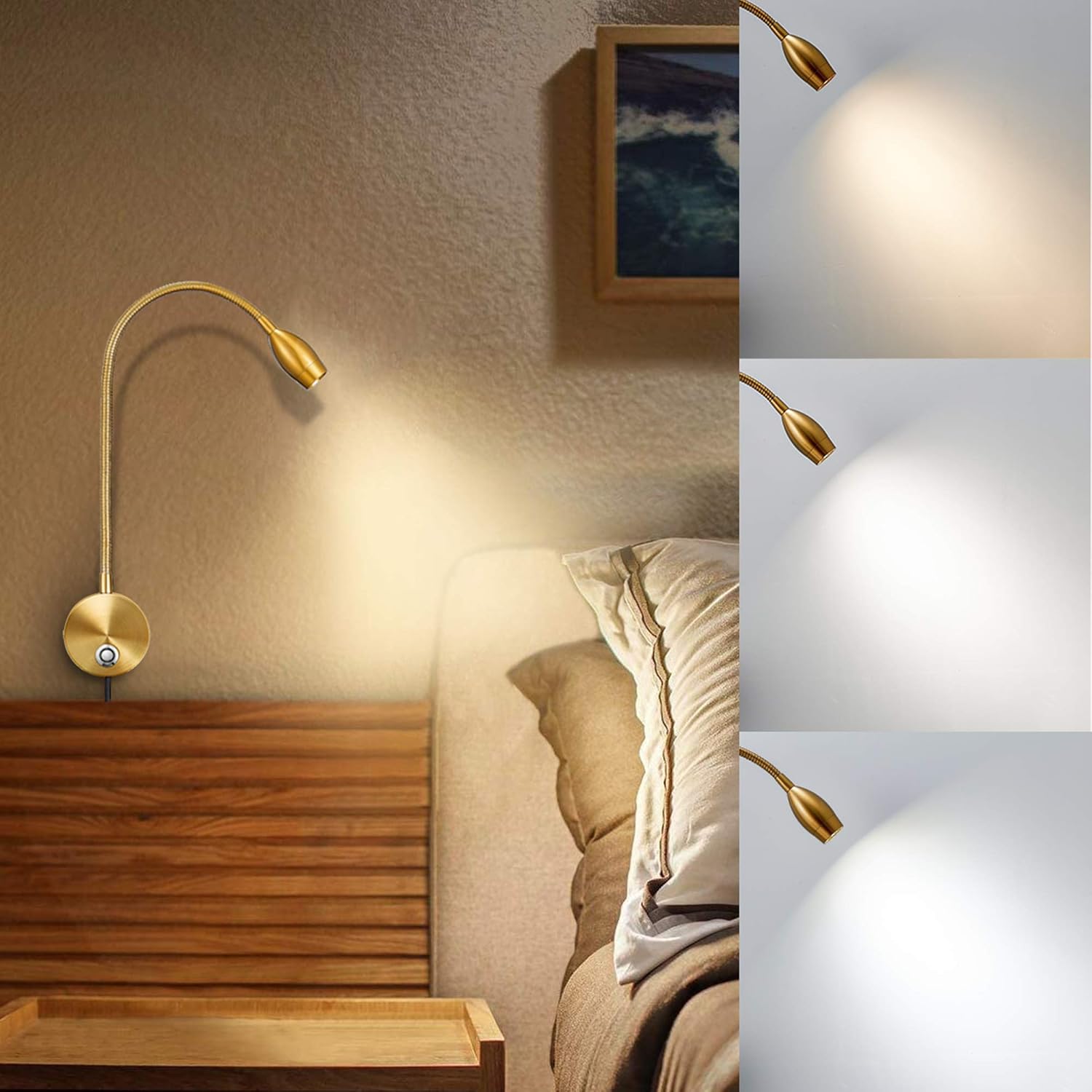 Lampka nocna, lampka do czytania do sypialni, 3W LED z funkcją ściemniania dotykowego (złota, 2 szt.) - 3