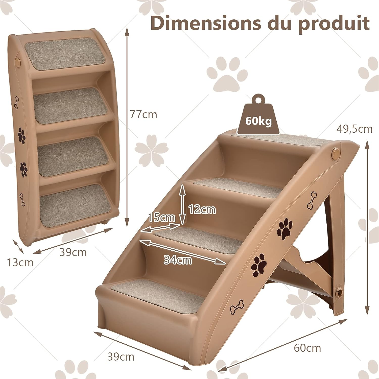Escada dobrável para cães com 4 degraus, carga máxima de 60 kg, 64 x 39 x 49 cm, cor café - 5