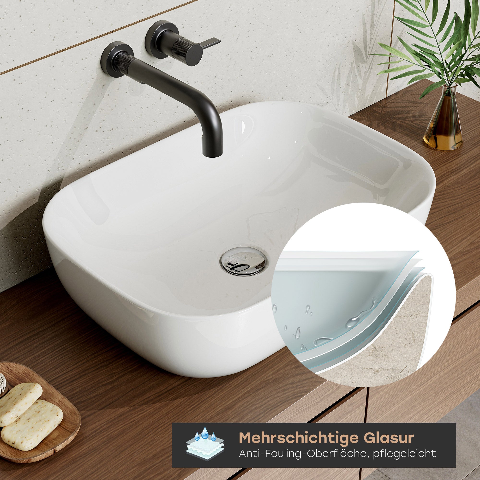 HOROW Lavabo ovale à poser, blanc, 46 x 33 x 13,5 cm, cuit au feu, résistant aux rayures, à écoulement rapide, sans trou de robinetterie ni trop-plei - 4