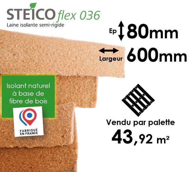 LAINE DE BOIS STEICO FLEX 36 - EPAISSEUR 80MM (R=2,20) - DIMENSIONS 600MM x 1220MM - PALETTE ENTIÈRE 43,92M²