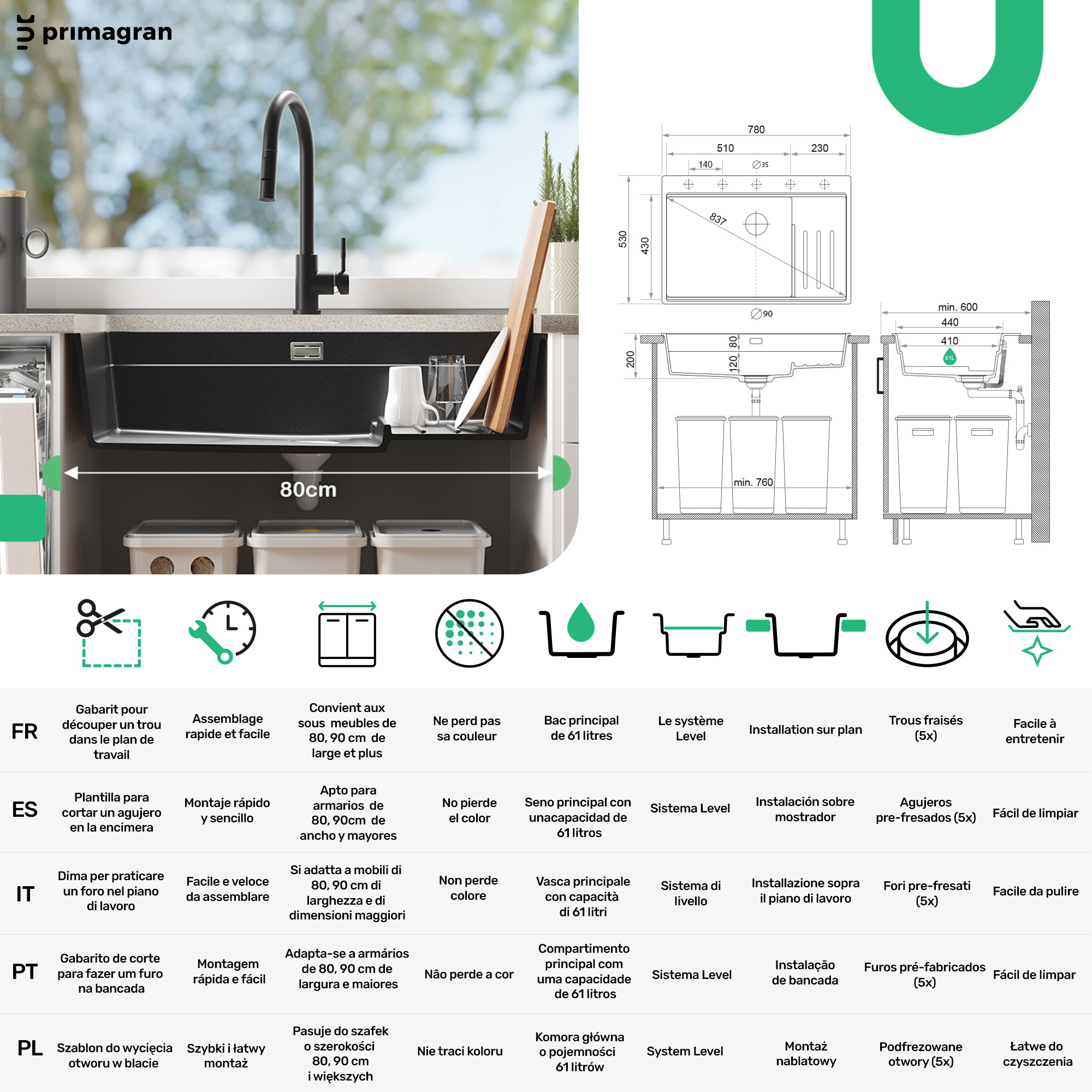 Evier Cuisine en Granit Blanc 78x53cm, Lavabo 1 bac + Kit de Vidage + Accessoires, Évier à Encastrer au meuble 80cm - Oslo Max PRIMAGRAN - 6