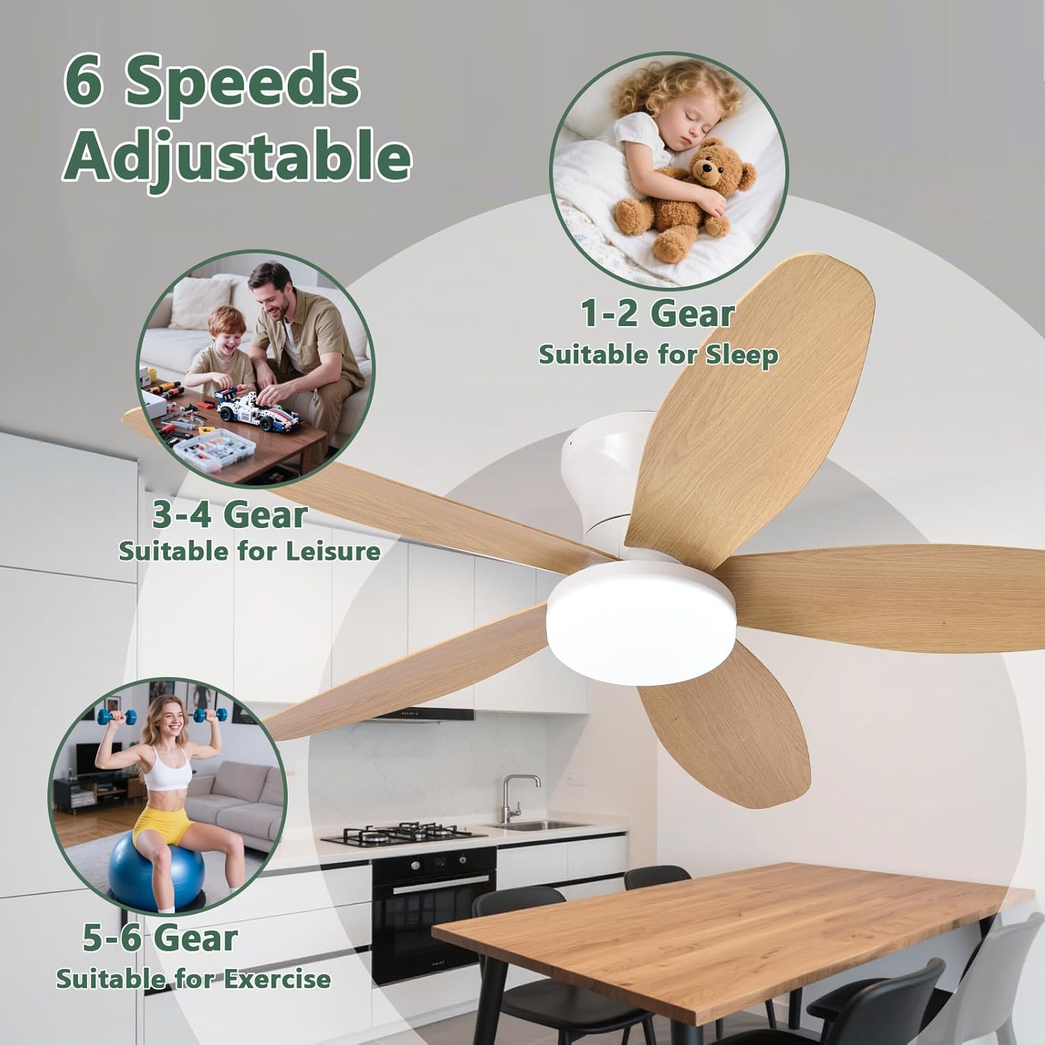 Ventilateur Plafond Avec Lumiere Silencieux, Lustre Ventilo De Plafond Avec Lampe Intégrée DC Moteur, LED Luminaire Ventilateur Plafonnier,Chêne,42in - 2