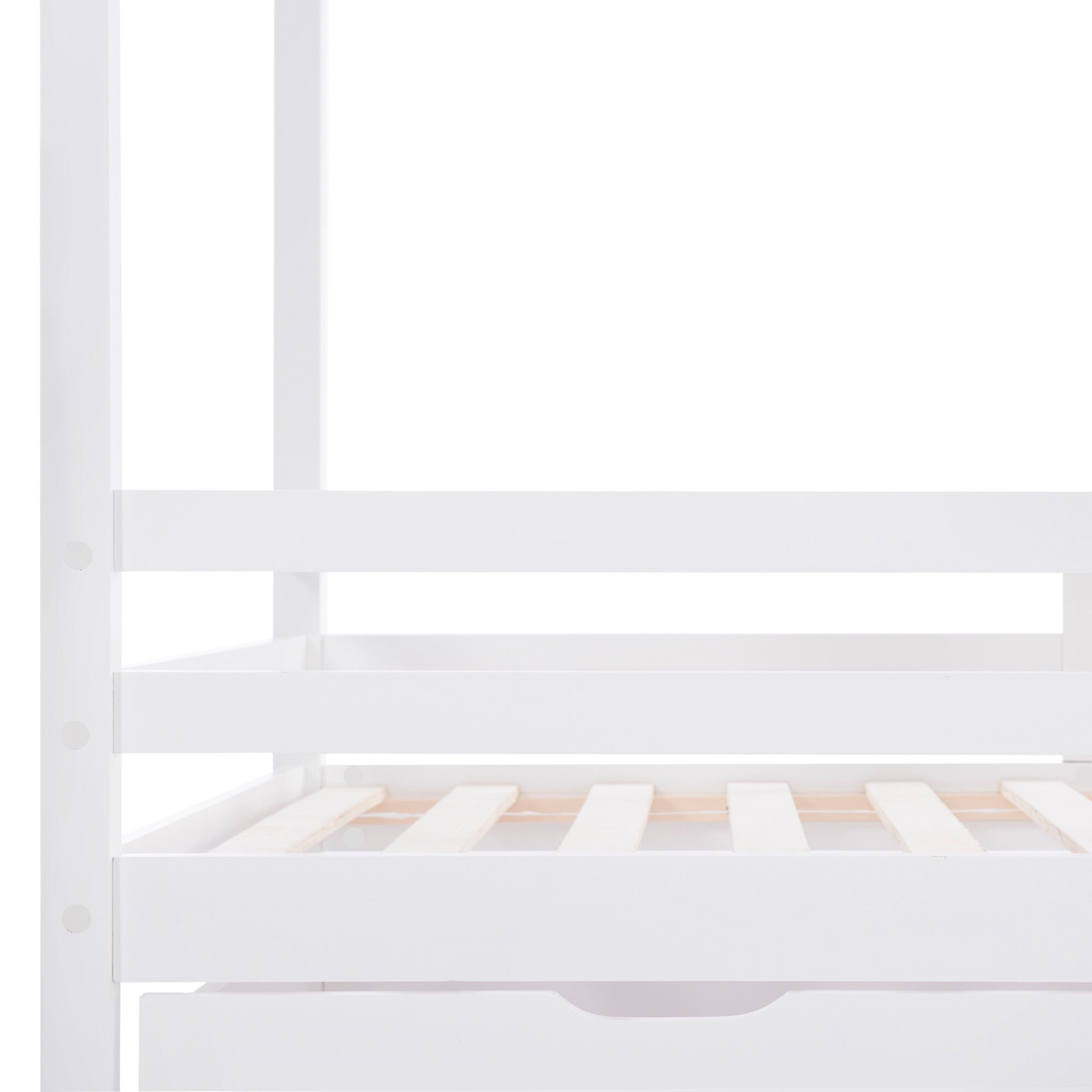 URBAN MEUBLE Lit enfant lit cabane 90 x 200 cm avec 2 tiroirs, bois massif avec clôture et sommier à lattes, blanc (sans matelas) - 5