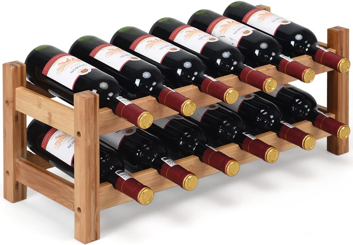 Szafka na Wino na 12 Butelek, Regał na Wino z Bambusa, Szafka do Przechowywania Wina na 12 Butelek z 2 Poziomami, Naturalna