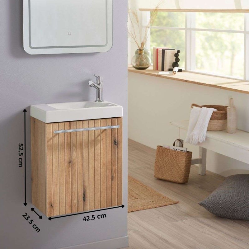 Pack lave-mains Bois Strié avec porte serviette - Robinetterie Eau froide à droite - L.48 X H. 52.5 cm - Houston - 4