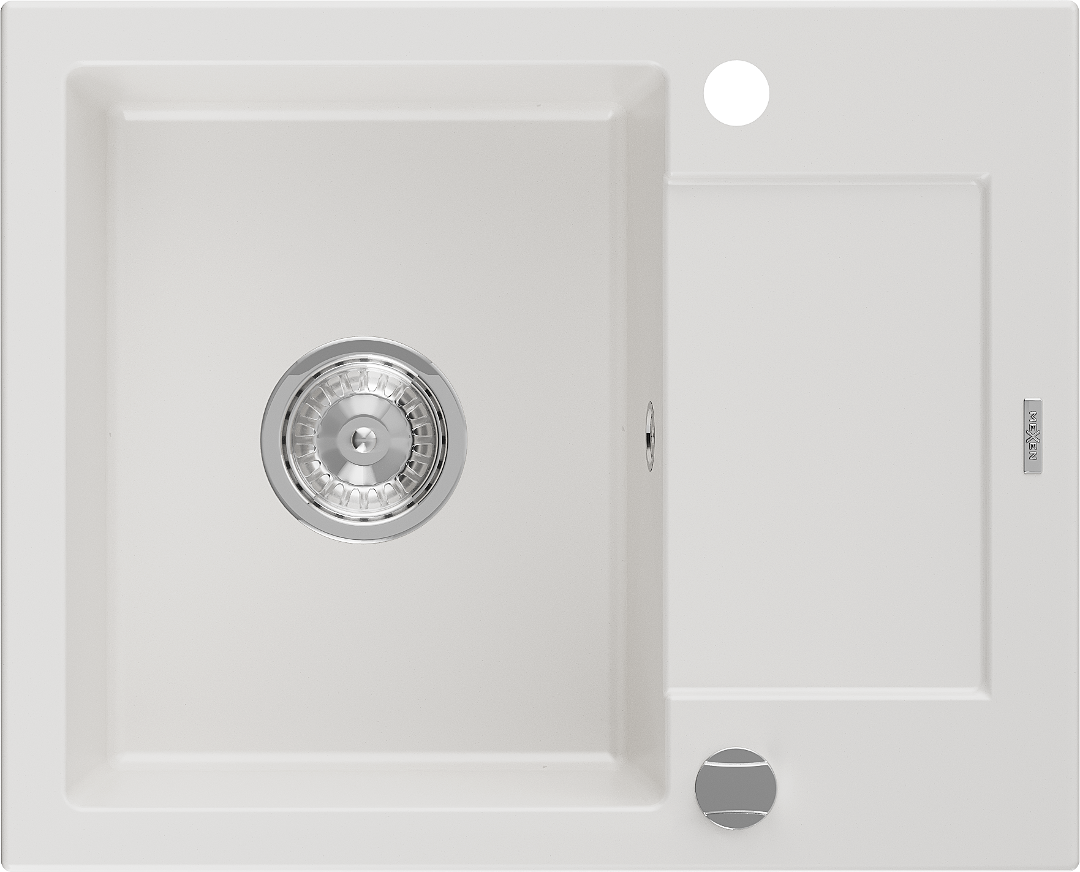 Mexen Enzo zlewozmywak granitowy 1-komorowy z ociekaczem 576 x 465 mm, biały, syfon chrom - 6506571005-20