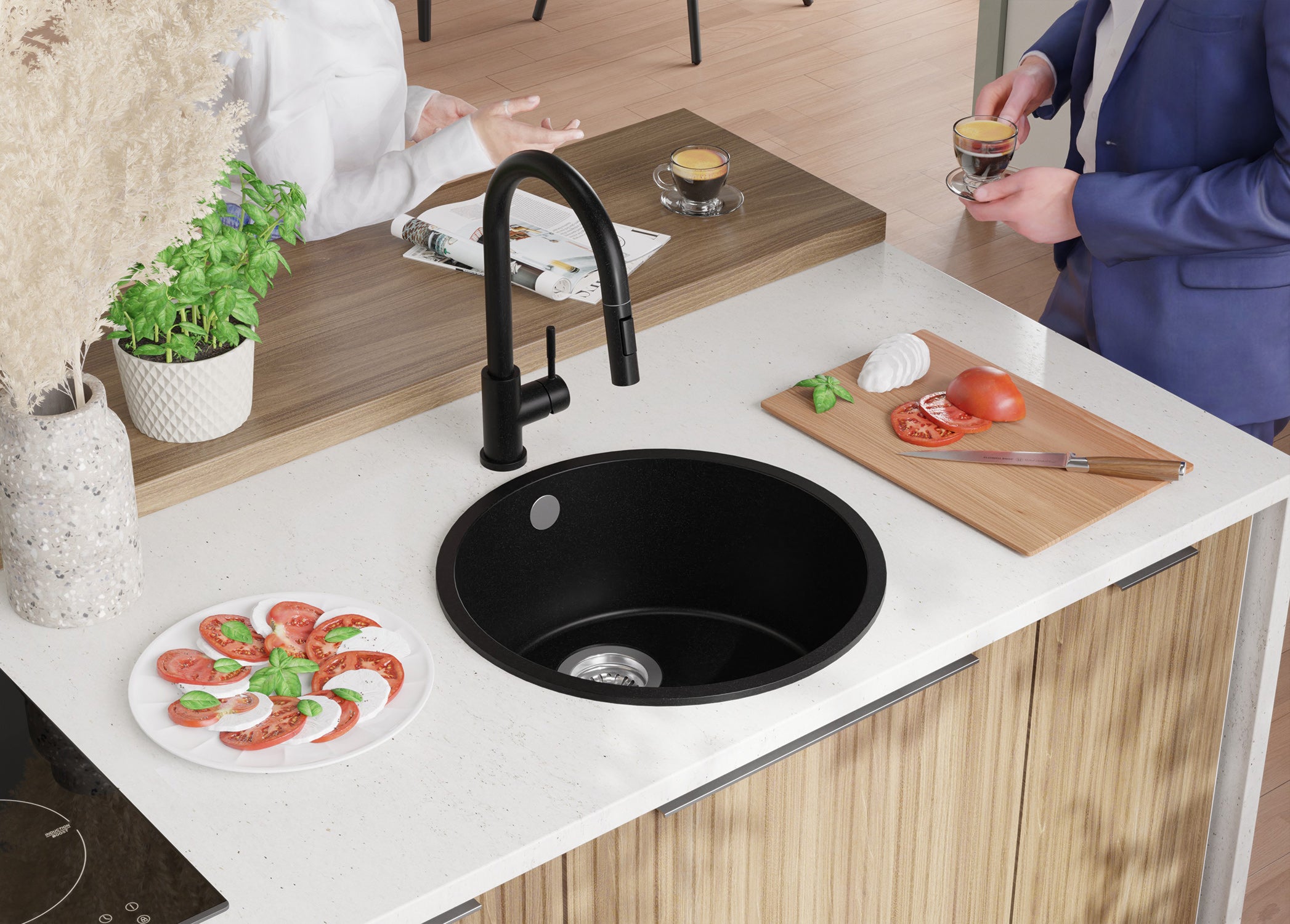 Lavandino Rotondo Tutto Nero 46x46cm, Lavello in Granito a 1 vasca + Sifone Classico + Accessori, Lavabo da Cucina Incasso al mobile 50cm PRIMAGRAN - 4