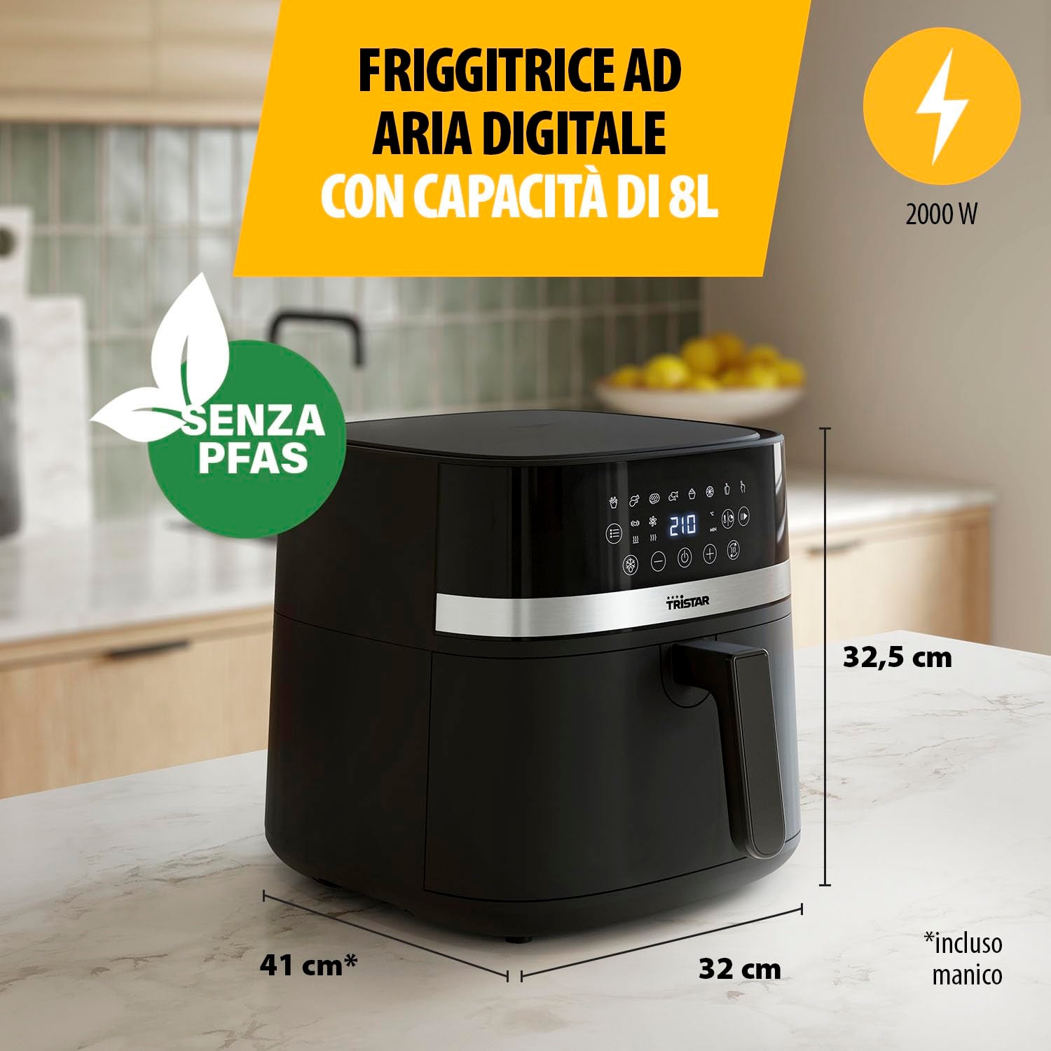 Air Fryer Digitale 8 Litri EXTRASTAR – Friggitrice Ad Olio Senza Olio 1800W, 8 Programmi Preimpostati, Temperatura 80-200°C, Timer 60 Min, Nero Opaco
