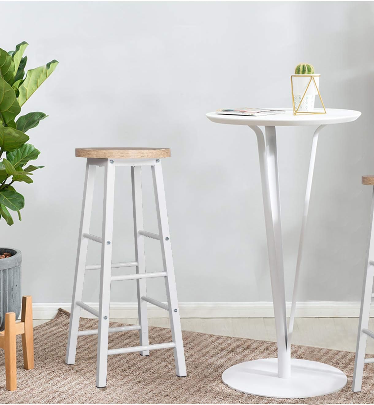 Lot de 2 Tabourets de Bar en MDF + Acier,Tabouret de Bistrot 30 x 30 x 71 cm,Chêne Clair + blanc,WOLTU - 3