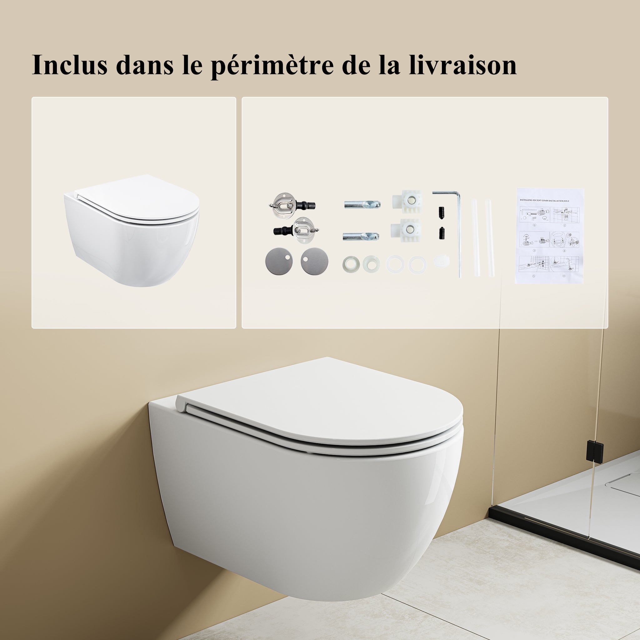 HOROW WC Suspendu sans bride Céramique, toilettes suspendues avec abattant, Conception de chasse d'eau à double orifice à 360° - 525 x 358 x 360 mm - 9