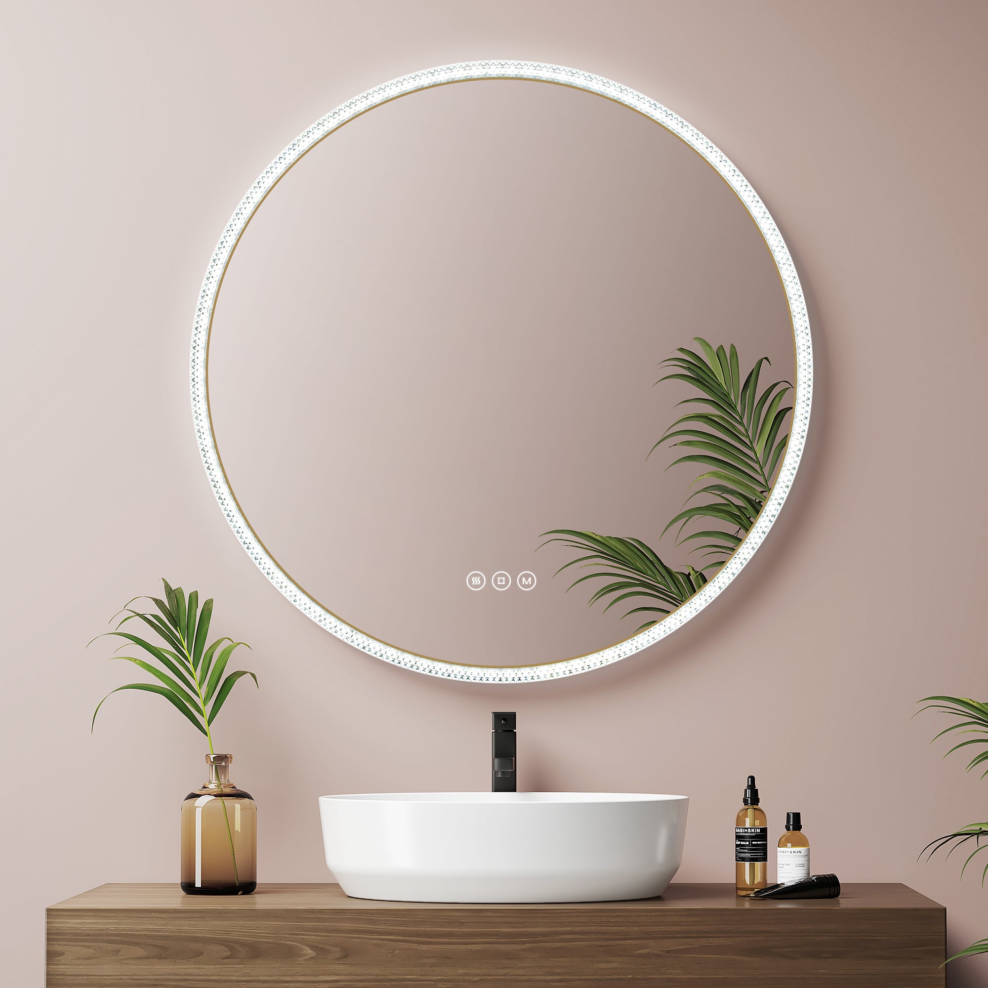 EMKE Okrągłe Lustro łazienkowe z oświetleniem LED 60 cm, z 3 barwy światła, możliwość ściemniania, przeciwmgielne, funkcja pamięci, Szczotkowane złoto