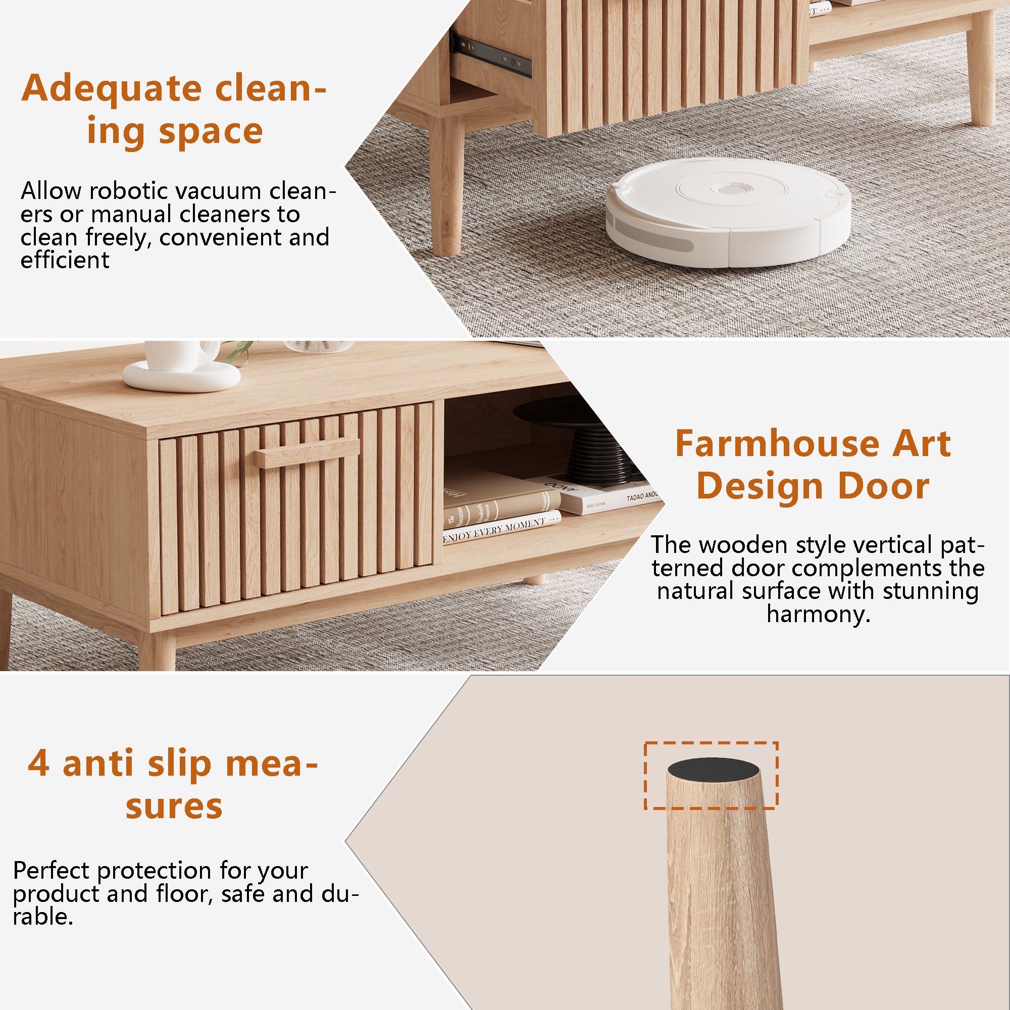 Table basse, pieds en bois massif, poignées en bois, structure en bois, table d'appoint, table basse en bois - 6
