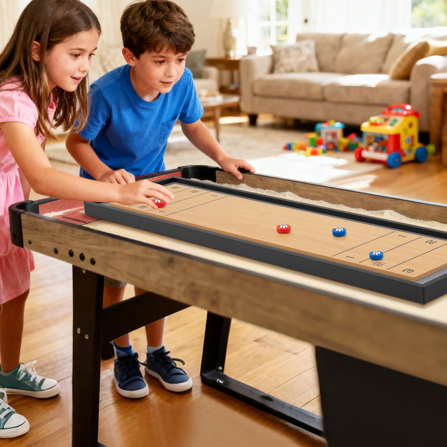 Shuffleboard et Curling, Table Air Hockey Portable 2 en 1 avec 8 Disques, Rainures Antidérapantes, Table Multijeux pour Adultes,Fête de Famille - 5